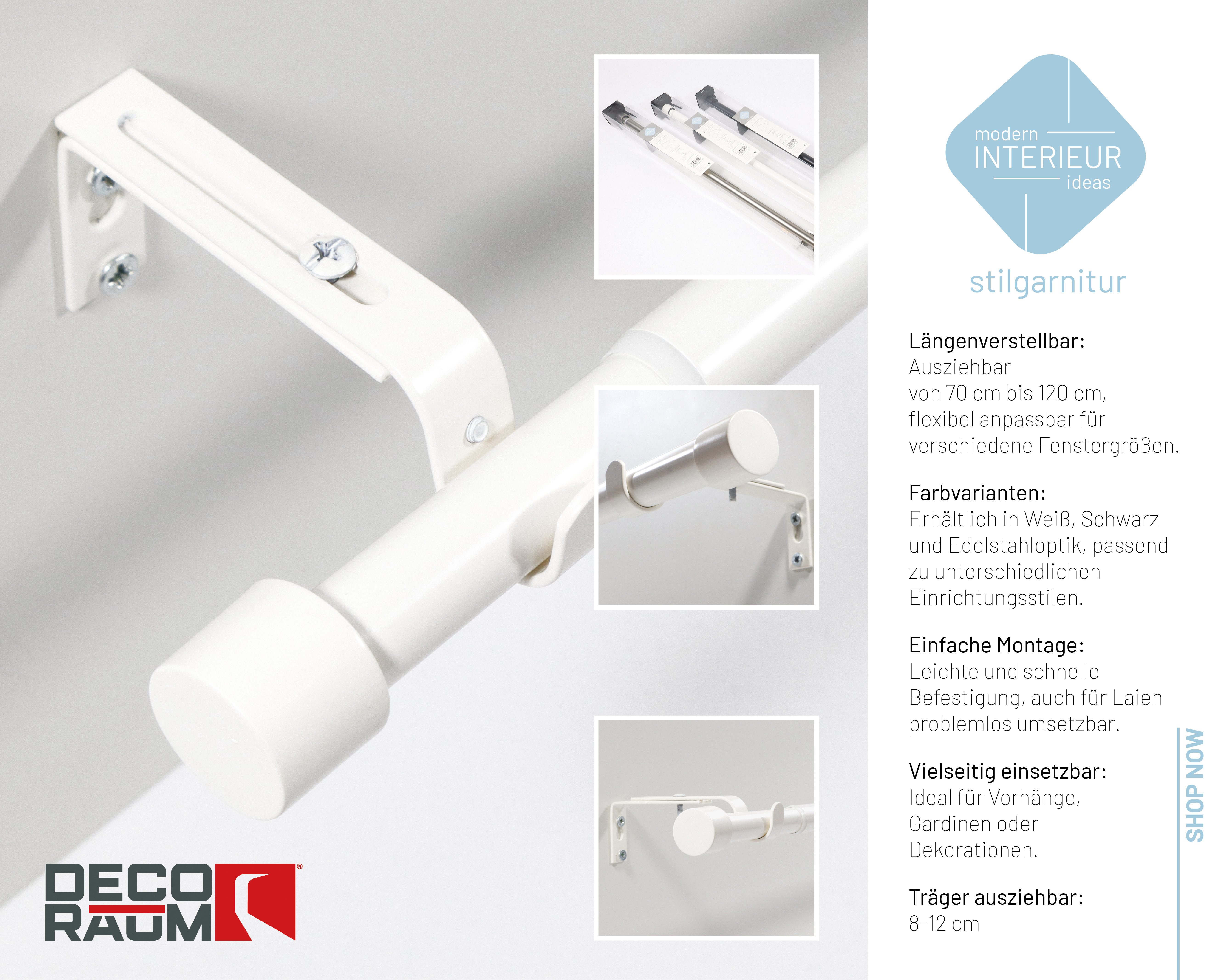 Deco-Raum Gardinenstange Flexa Stilgarnitur Set ausziehbar, Ø 19 mm, 1-läufig, ausziehbar, Wandmontage, verschraubt, Metall, perfekt für Dekoschals Gardinen – Bild 3 von 5