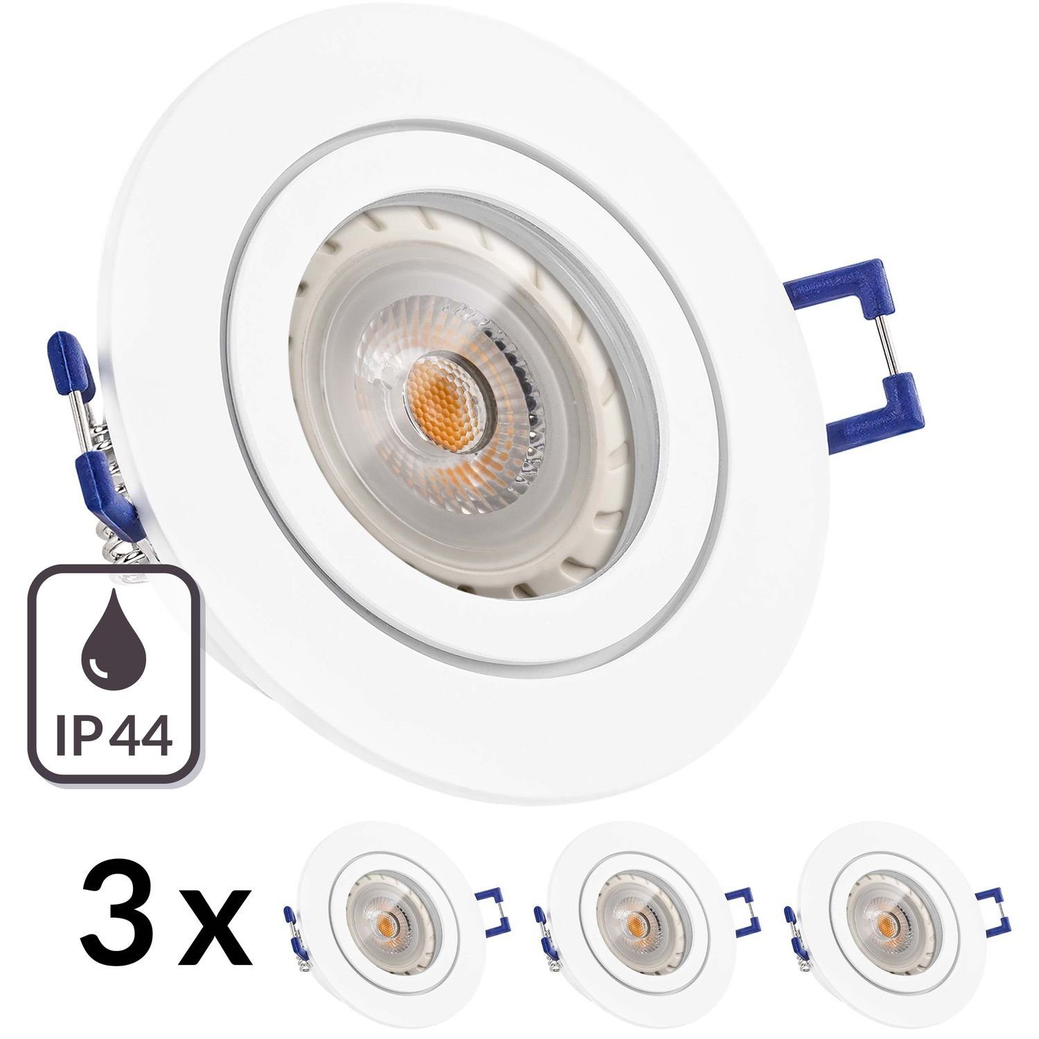 LEDANDO LED Einbaustrahler 3er IP44 LED Einbaustrahler Set Weiß matt mit LED  GU10 Markenstrahler von LEDANDO - 7W - warmweiss - 30° Abstrahlwinkel -  Feuchtraum / Badezimmer - 50W Ersatz - A+ - LED Spot 7 Watt - Einbauleuchte  rund