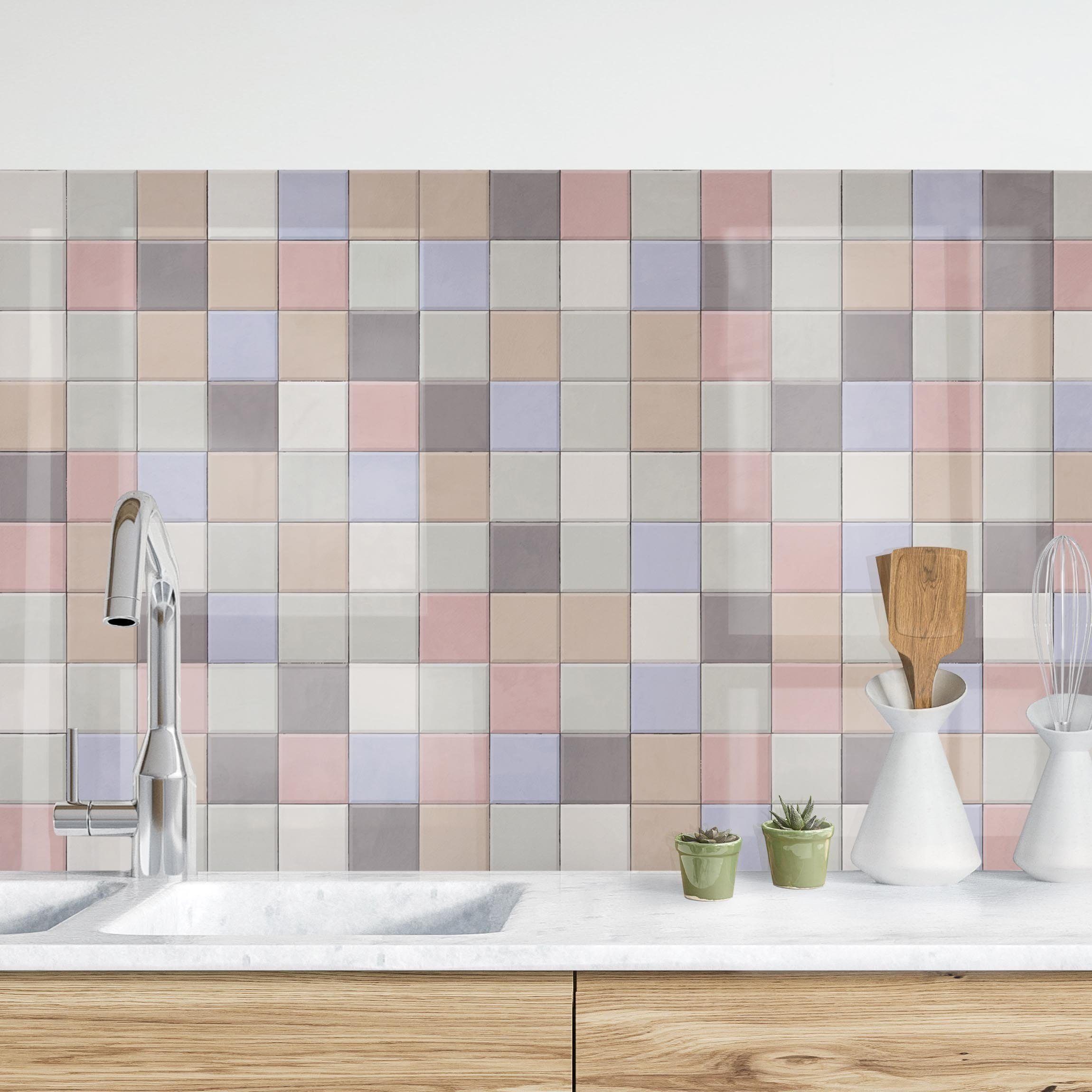 Bilderdepot24 Küchenrückwand bunt dekor einfarbig Fliesenoptik Mosaik  Fliesen Shabby Bunt, (1-tlg., Nischenrückwand - für Fliesenspiegel ohne  Bohren - matt), Spritzschutz Rückwand Küche Herd - Folie selbstklebend  versch. Größen