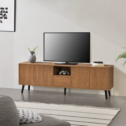 en.casa Lowboard, TV-Board, »Hedemora« Fernsehtisch 140x30x45,5 cm Unterschrank mit Ablage und 5 Schranktüren Dunkler Holzton