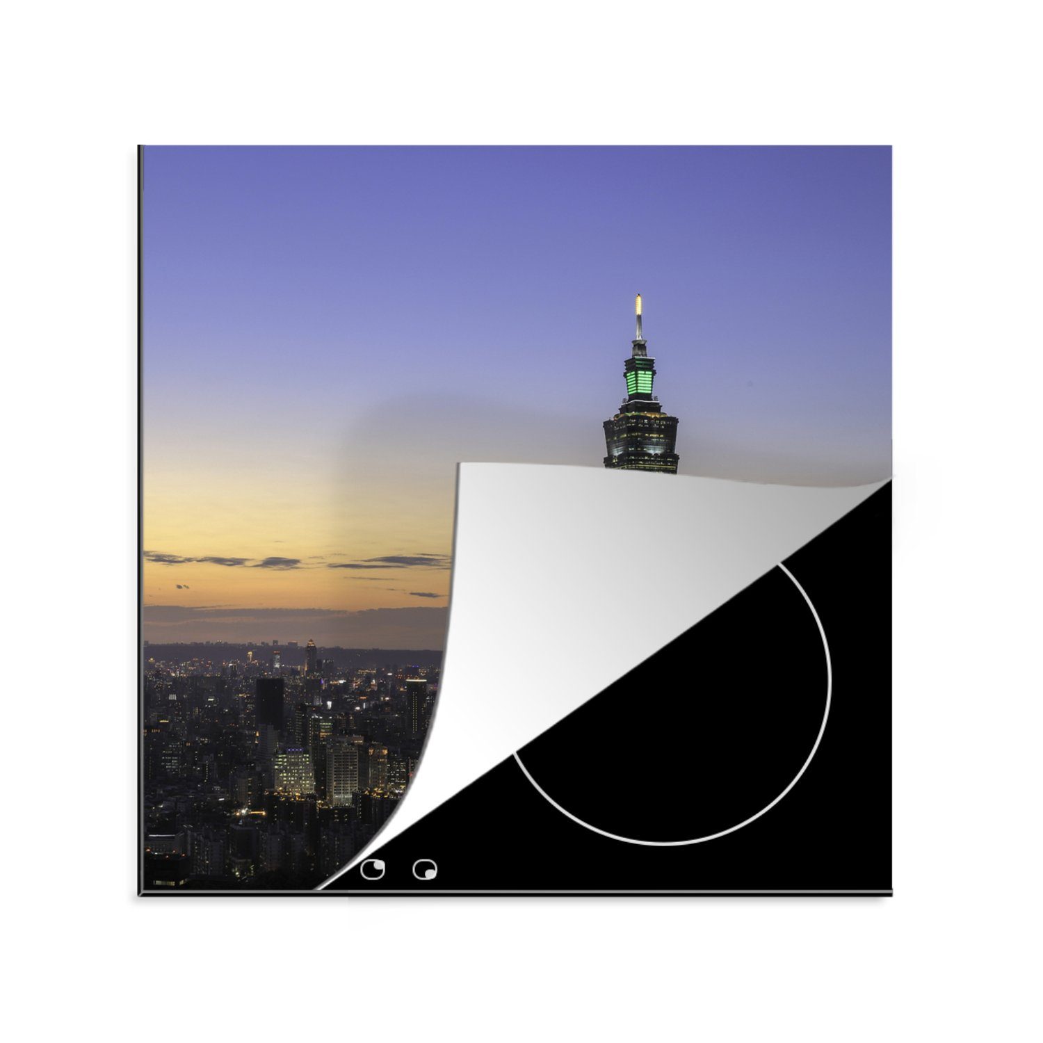 MuchoWow Herdblende-/Abdeckplatte Bunter Himmel über dem Taipei 101 in Taiwan am Abend, Vinyl, (1 tlg), 78x78 cm, Ceranfeldabdeckung, Arbeitsplatte für küche