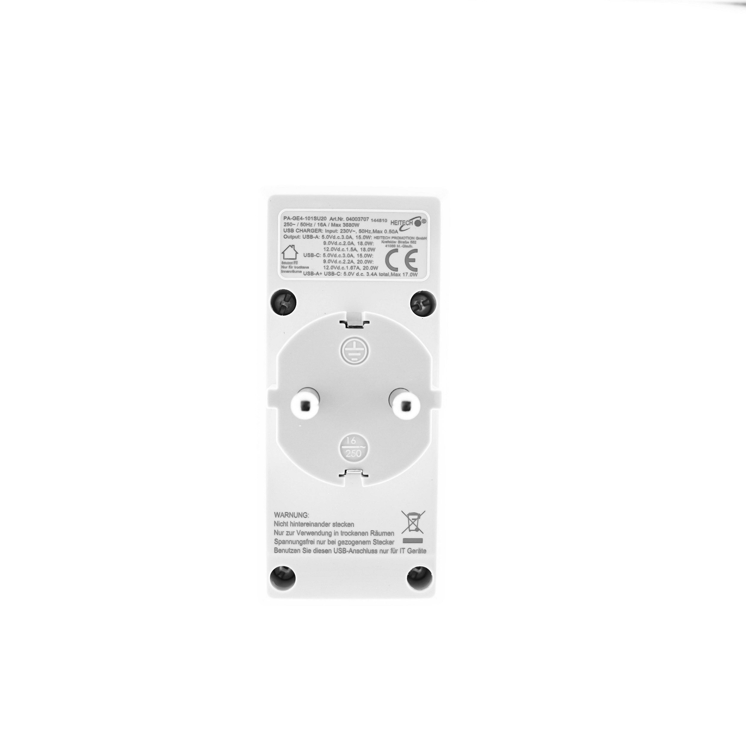 HEITECH 2-fach Steckdosenadapter mit 1 USB und 1 USB Type-C Ladeanschlüssen Mehrfachsteckdose