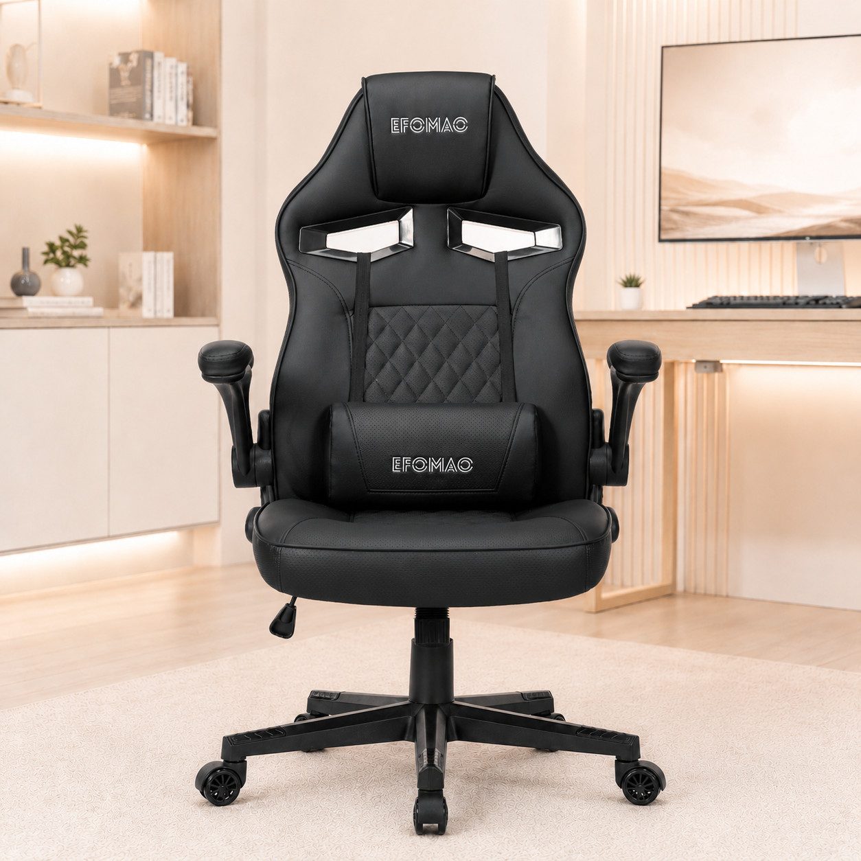 EFOMAO Gaming-Stuhl ergonomischer Bürostuhl & Chefsessel aus PU-Leder (1 St), mit hochklappbaren Armlehnen, Wippfunktion, Lendenwirbelstütze