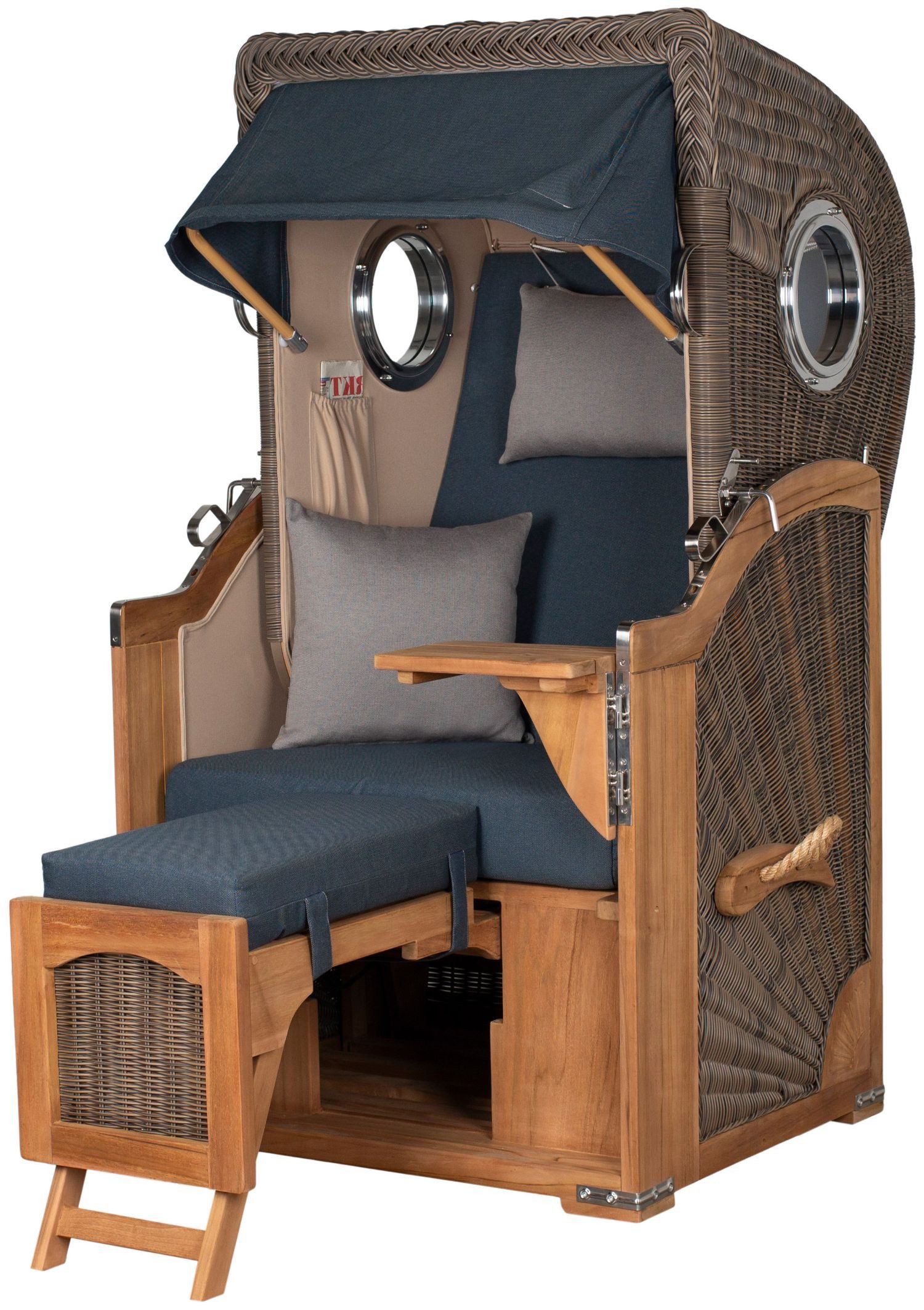 bene living Strandkorb Ammersee 1-Sitzer Teak - PE grau - Modell 593, BxTxH: 96x80x165 cm, Volllieger ca. 175 Grad, Ostsee-Strandkorb Komplettset, Liftersystem, Windschutzfolie, Bullaugen, bequeme Polsterung