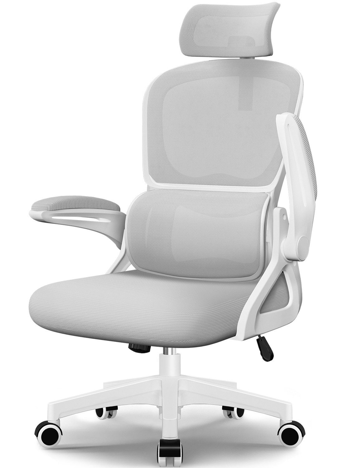 Homimaster Bürostuhl Bürostuhl, Schreibtischstuhl Ergonomisch mit Klappbaren Armlehnen (Bürostuhl mit Verstellbarer Kopfstütze, 90° Klappbare Armlehnen und Lendenwirbelstütze, Höhenverstellbarer Chefsessel aus Mesh), Bürostuhl mit maximaler Neigung von 135°, bis 150 kg belastbar