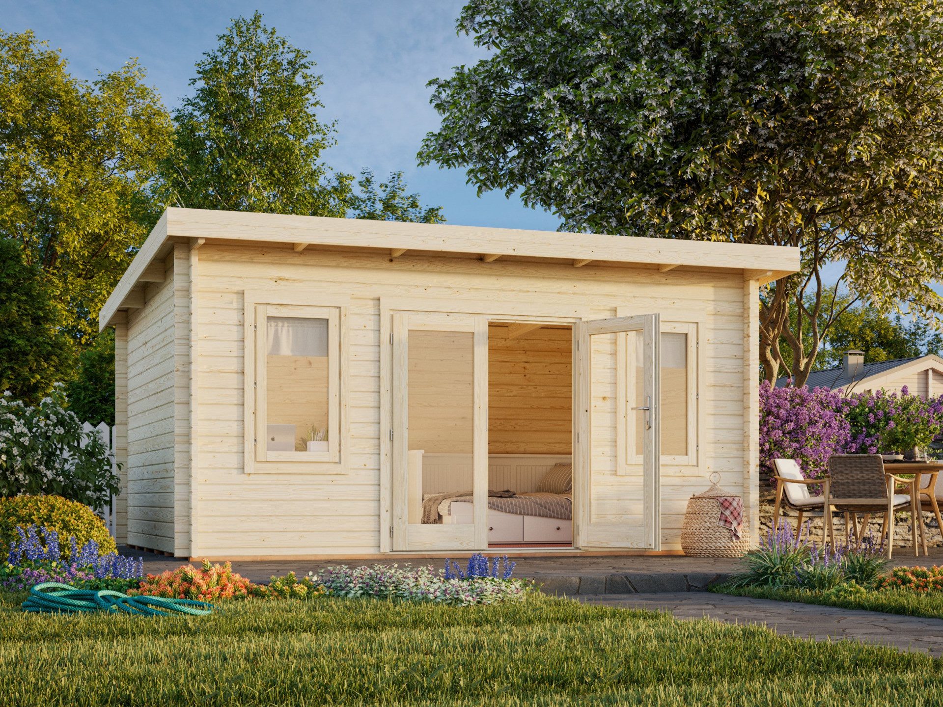 Palmako Gartenhaus Pultdach 5x3m Holz Lisa 14,2 in 44mm Wandstärke, BxT: 470x350 cm, mit Premium Dachbahn selbstklebend