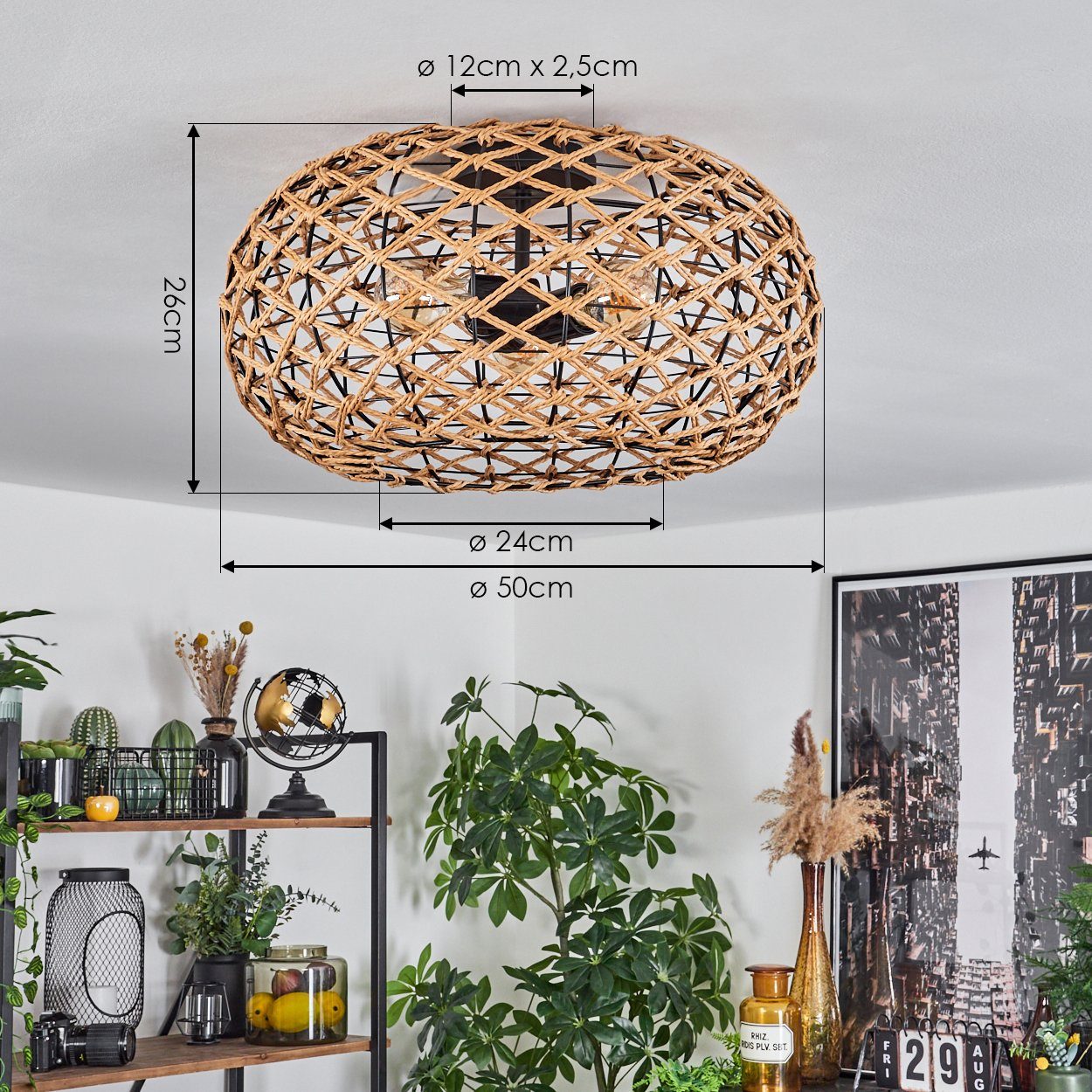 hofstein Deckenleuchte moderne Deckenlampe aus Holz/Rattan/Metall in Natur/Schwarz, ohne Leuchtmittel, Deckenleuchte mit Lichteffekt an der Decke, Ø3x E27, ohne – Bild 4 von 5