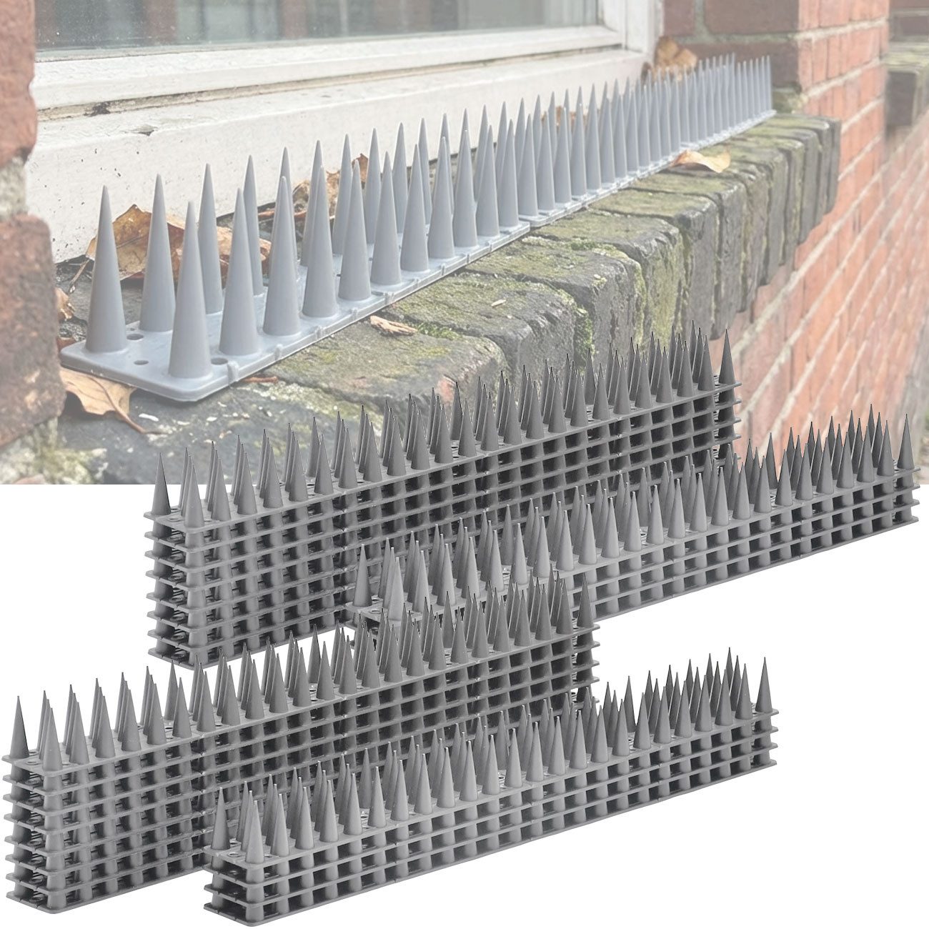 shop'n smile ideoon Taubenspikes Vogelabwehr Spikes 5,4m 3-reihig Taubenschreck gegen Tauben grau, 24-St., 12er / 24er Set, 100% UV-beständig/individuell anpassbar/flexible montierbar