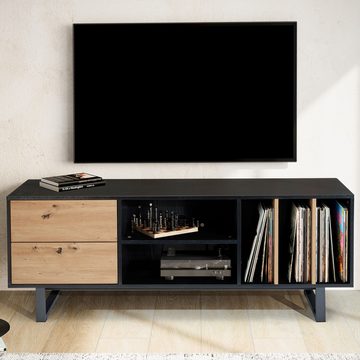 Wohnling Lowboard WL6.814 (Schwarz Eiche-Dekor, 150x55x40 cm, zwei Schubladen), TV-Kommode Hoch, TV-Schrank Modern Fernsehtisch