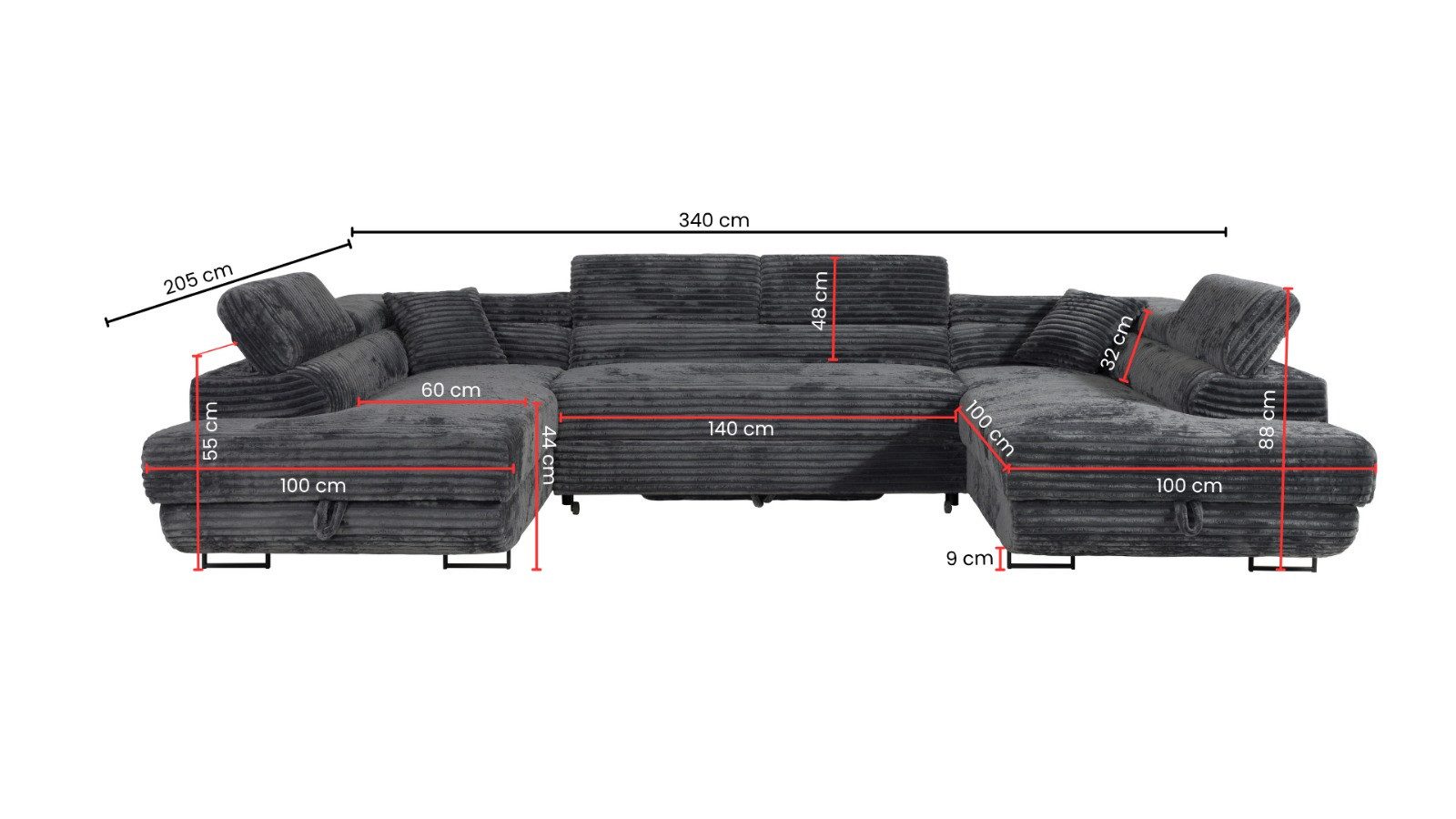 Labett Wohnlandschaft mit Schlaffunktion & Bettkasten GUSTAVO U-Form Sofa aus Cord – Bild 4 von 5