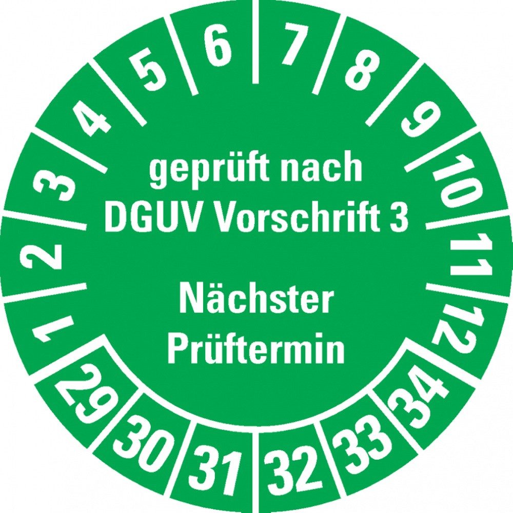 Hinweisschild Prüfplakette geprüft DGUV Vorschrift 3, 29-34, grün, Folie, Ø25mm, 105