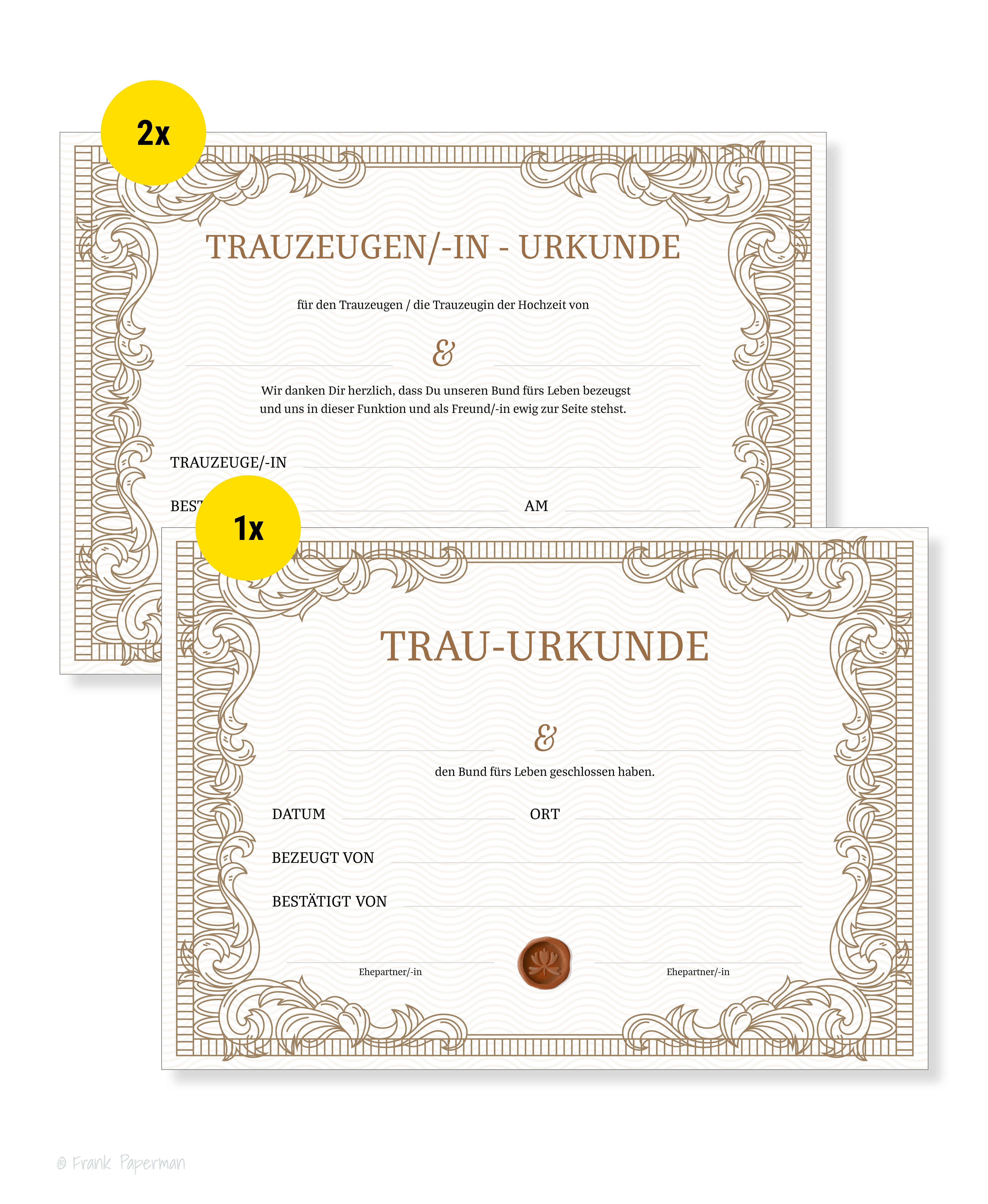 Frank Paperman Hochzeitskarte Urkunde Eheschließung, Urkunde Trauzeuge, klassisches Design, orginelle Hochzeitsgeschenke, Vordruck im DIN-A4-Format, Standesamt