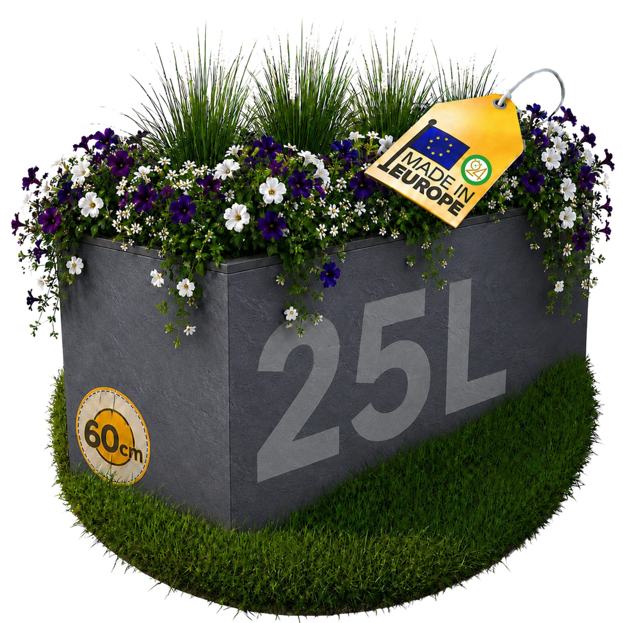ONDIS24 Pflanzkübel Balkonkasten mit Wasserspeicher, 25L Pflanzvolumen, Pflanzkübel, Vulkan/Basalt, rechteckig, Blumentopf, Balkon Terrasse