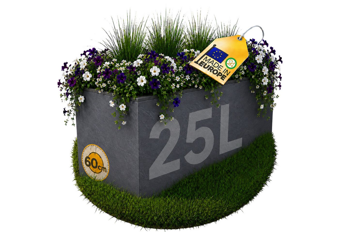 ONDIS24 Pflanzkübel Balkonkasten mit Wasserspeicher, 25L Pflanzvolumen, Pflanzkübel, Vulkan/Basalt, rechteckig, Blumentopf, Balkon Terrasse