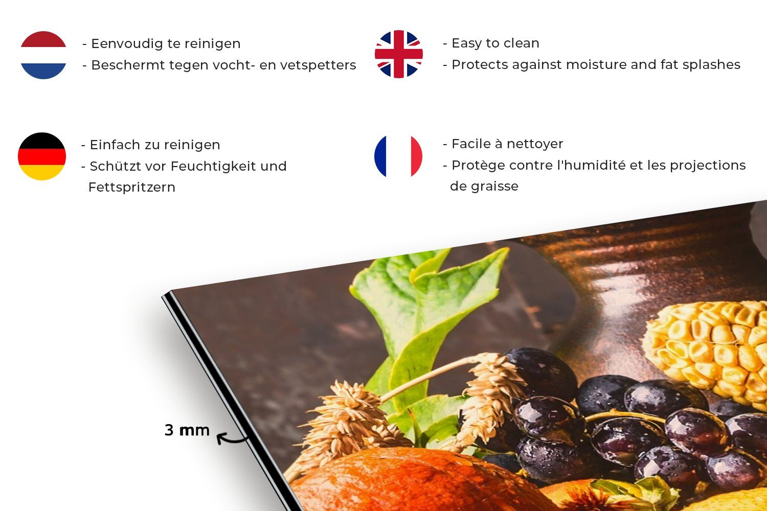 MuchoWow Küchenrückwand Gemüse Schmutzflecken (1-tlg), Fett cm, Küchen Obst und für Wandschutz, - gegen Rustikal 60x30 - - Tisch