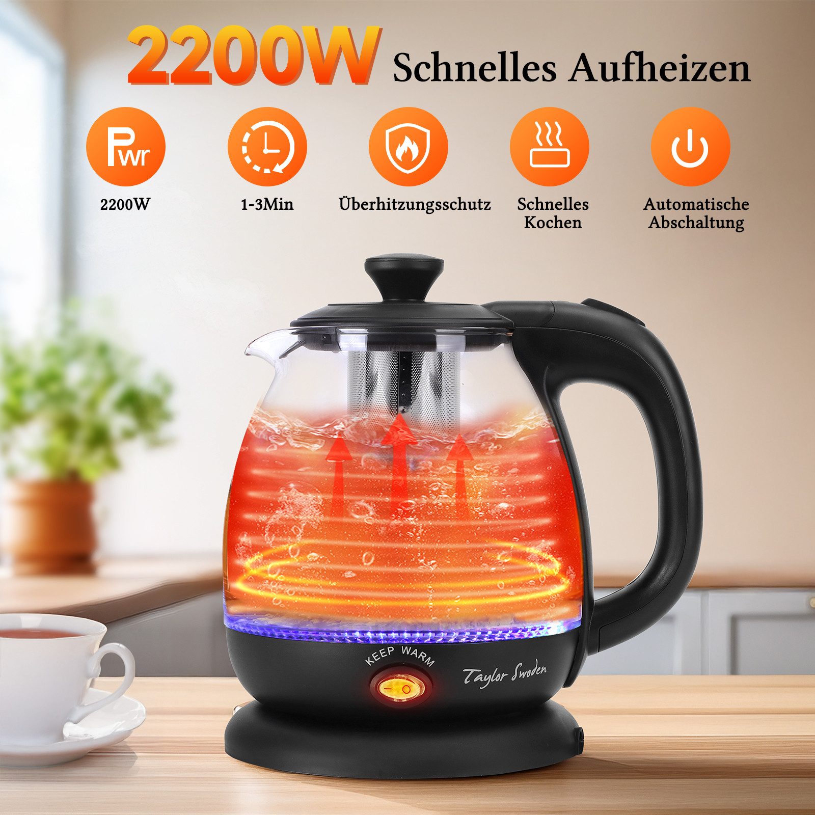 Taylor Swoden Wasserkocher Reisewasserkocher Glas Kleiner 1L, 2200W, Warmhaltefunktion, BPA-Frei, 1 l, 2200,00 W, Mit LED Leuchtanzeige, Abnehmbarer Filter, Trockener Kochschutz
