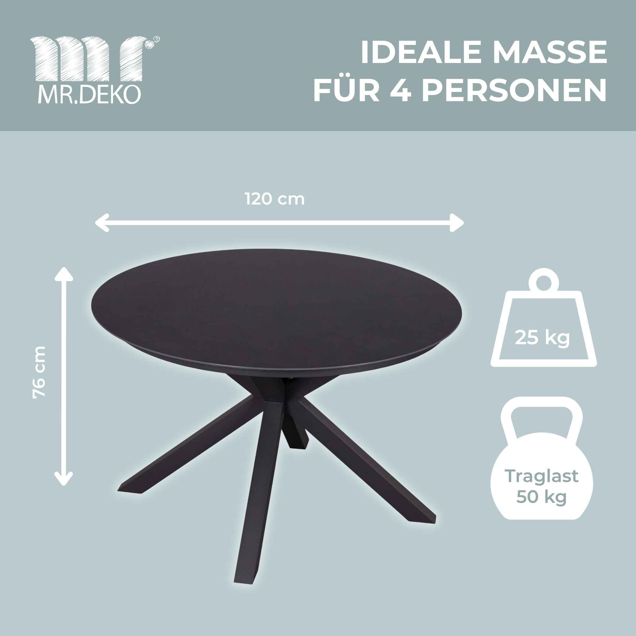 MR.DEKO Gartentisch rund Almeria – Ø120 cm, Aluminium, Keramikoptik, hellgrau (Aluminium-Tisch mit gesintertem Stein – ideal für Outdoor & Balkon, 1-St), Wetterfest & kratzfest – höhenverstellbar, stabile Tischplatte