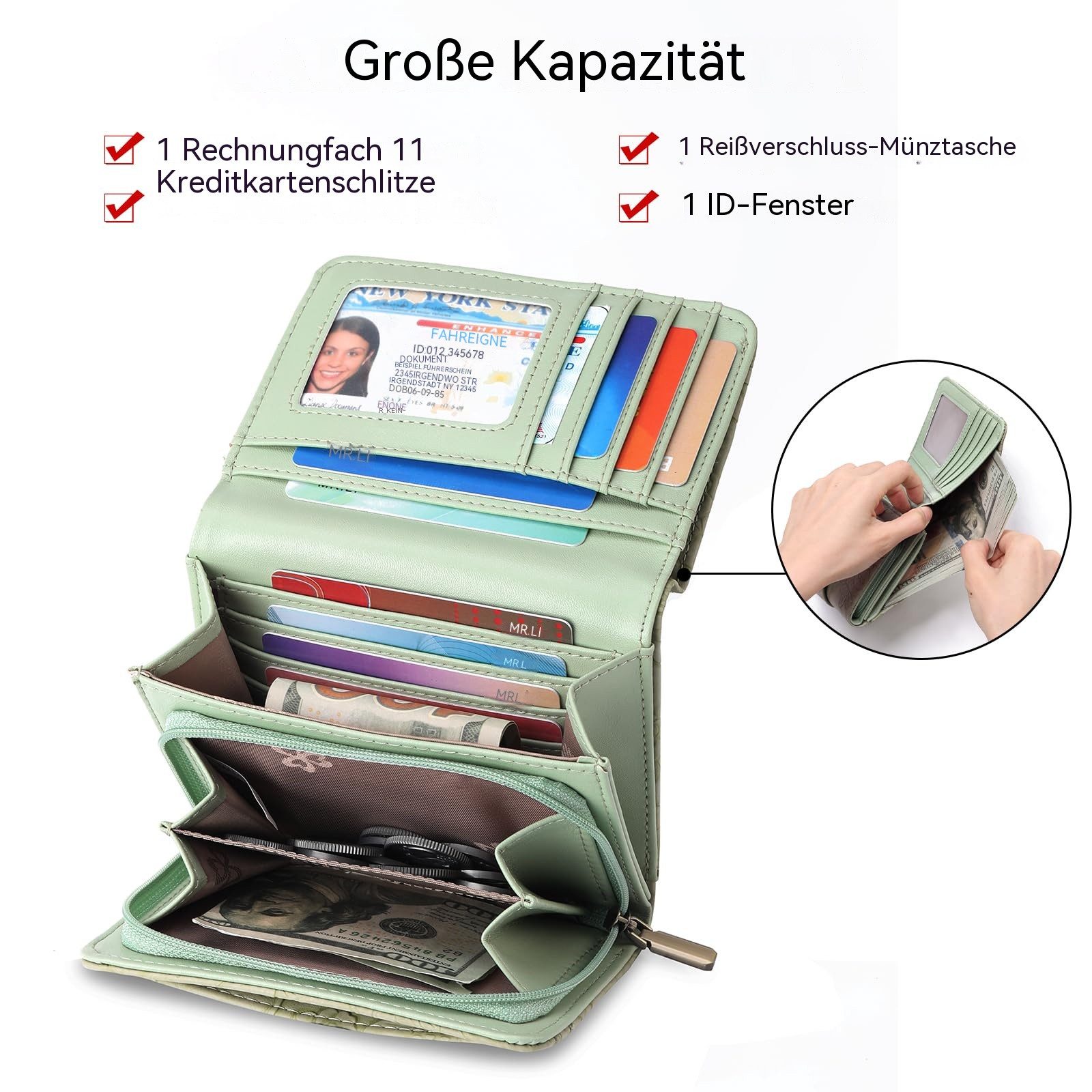 Zaewry Geldbörse Geldbörse Klein Leder Mini Geldbeutel Damen RFID Portmonee, Kleine Damengeldbörse mit zweifach faltbarer Klappe,Reißverschluss – Bild 2 von 5