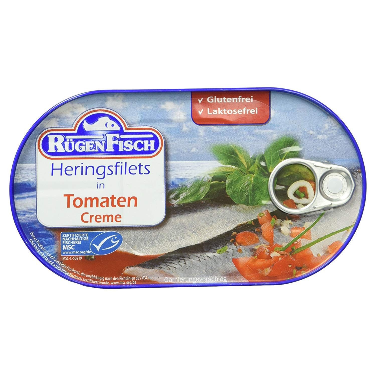 Rügen Fisch Fischkonserve, Rügenfisch Heringsfilet in zertifizierte Tomaten Creme Soße 200g