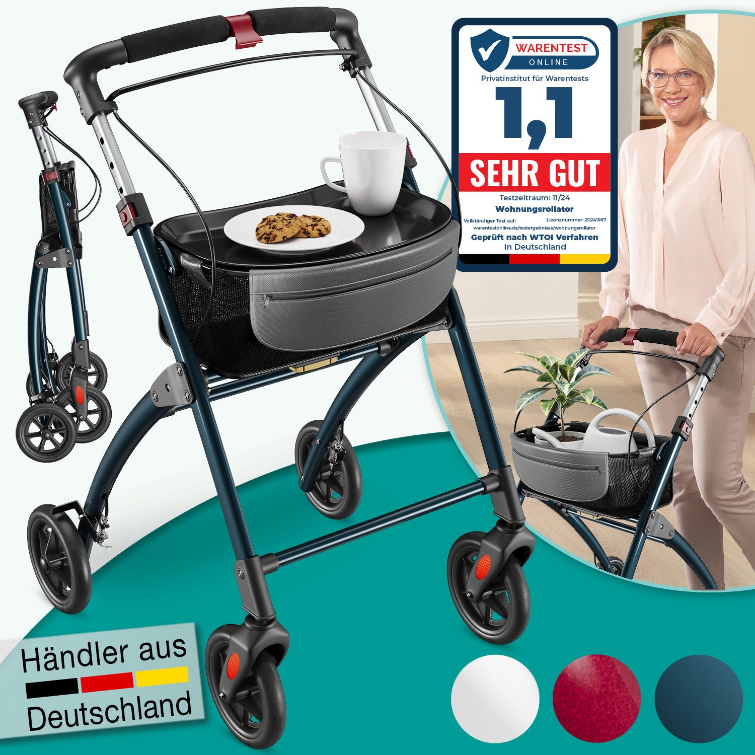 aktivshop Indoor-Rollator Wohnungsrollator leicht & faltbar, Hilfsmittel für Senioren, Gehhilfe, Einhand-Falt-mechanismus, geringes Faltmaß, maximale Sichtbarkeit