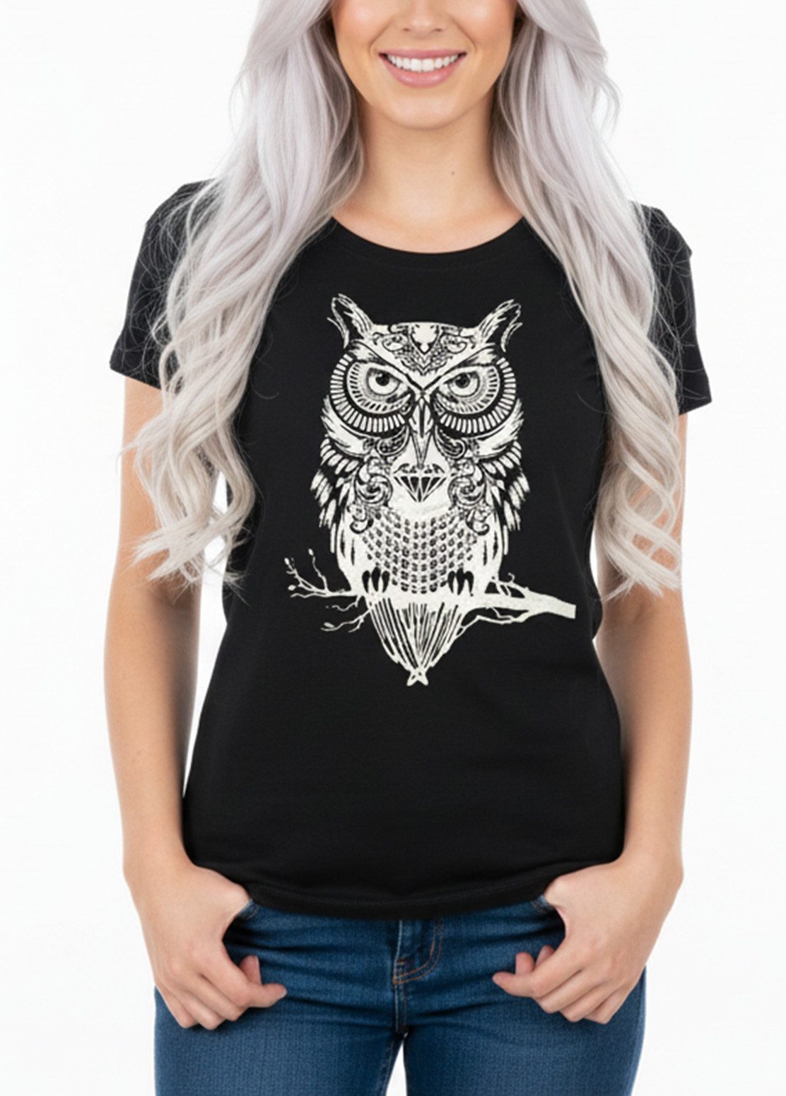 MAKAYA T-Shirt Damen Kurzarm mit Aufdruck Motiv Eule Coole Sommer Tops Frauen Owl
