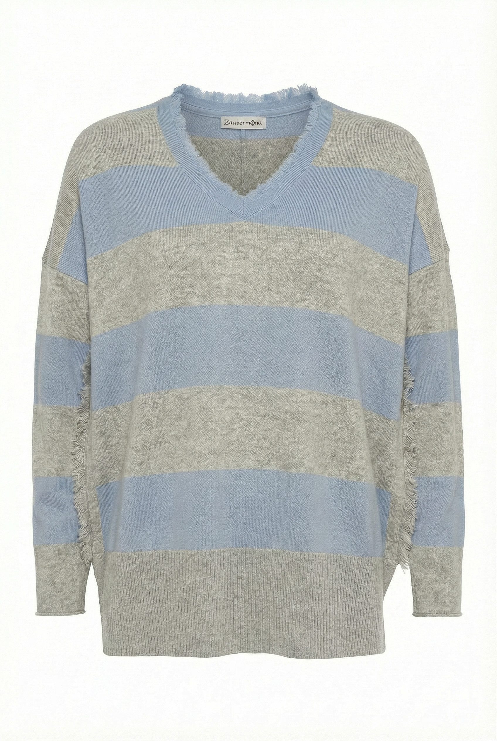 Zaubermond Strickpullover Boho Loose Pullover mit V-Ausschnitt, Blockstreifen & Fransen