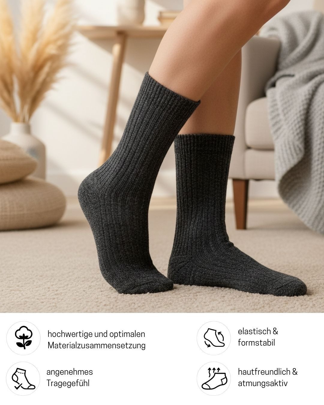sockenkauf24 Norwegersocken Wintersocken warme Wollsocken Damen & Herren (Anthrazit, 6-Paar, 47-50) gepolsterte Frotteesohle - 20100