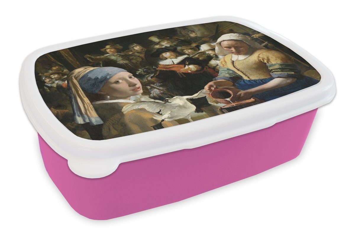 MuchoWow Lunchbox Malerei - Alte Meister - Schwan, Kunststoff, (2-tlg), Brotbox für Erwachsene, Brotdose Kinder, Snackbox, Mädchen, Kunststoff rosa