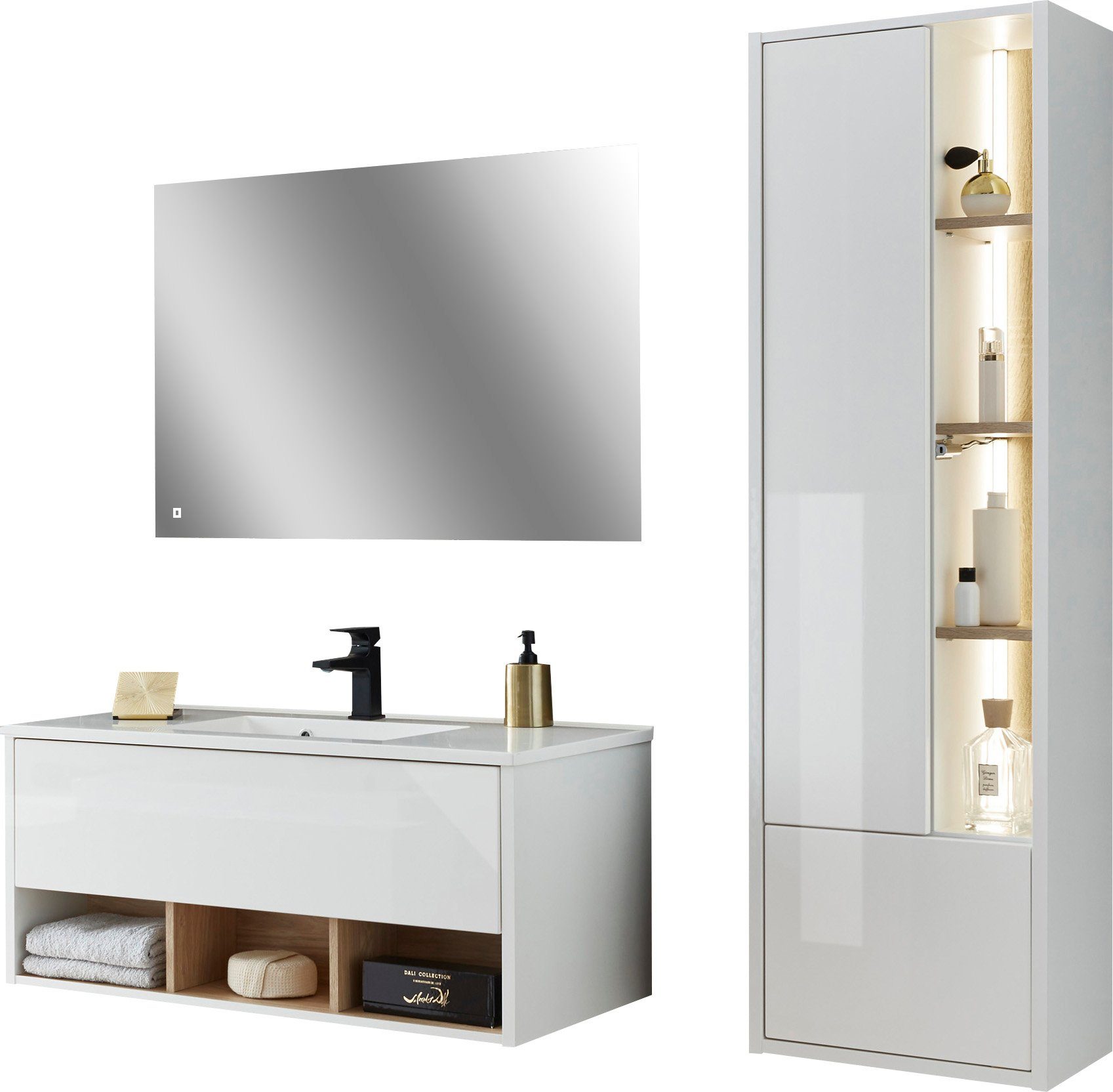 Home affaire Badmöbel-Set Studio Line, Bad im modernen Design, 3-teiliges Badezimmer, (3-St), Schrank, Waschtisch und Spiegel, in zwei Farben verfügbar, Stauraum