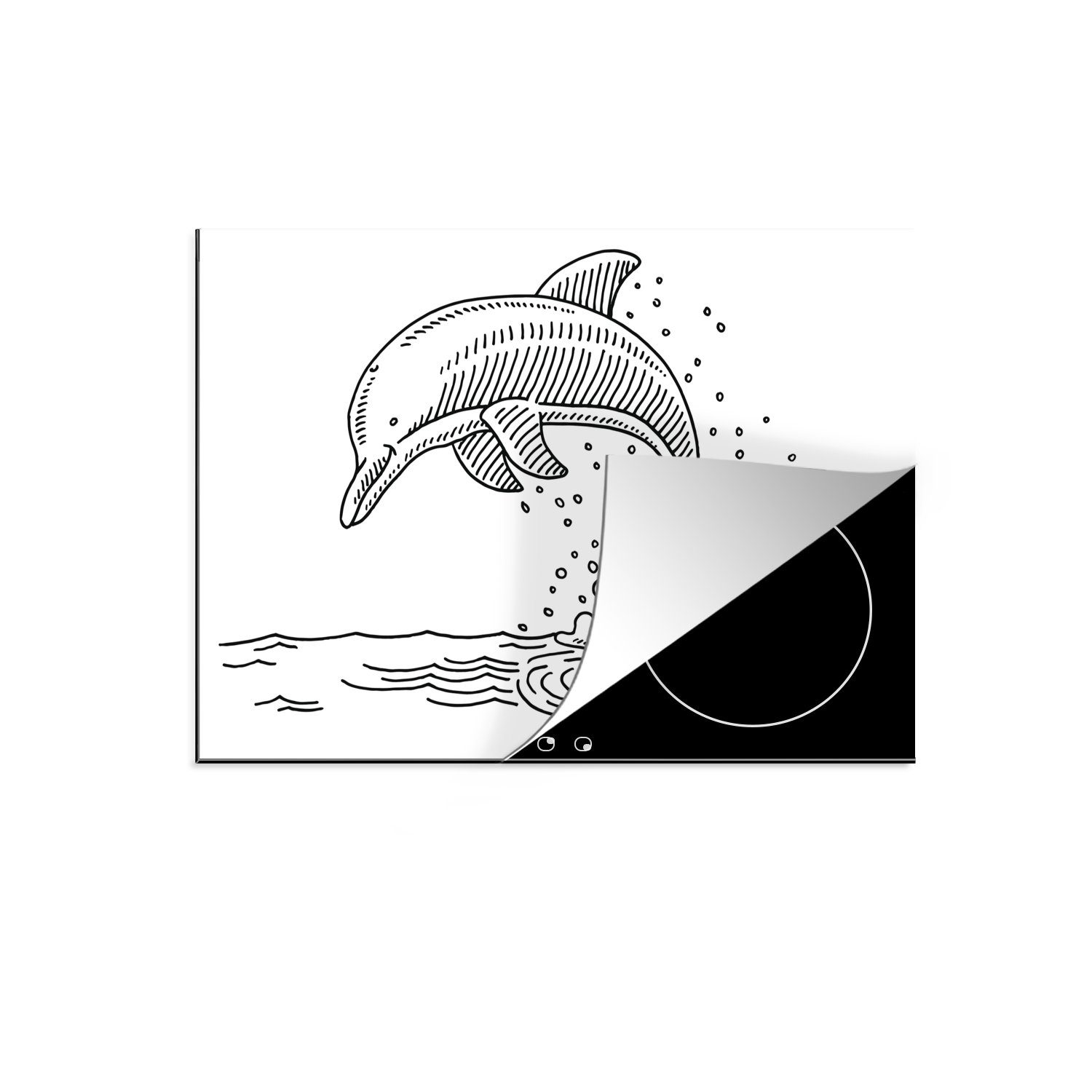 MuchoWow Herdblende-/Abdeckplatte Vinyl, cm, (1 - nutzbar, 70x52 Wasser Schwarz Ceranfeldabdeckung Weiß, - Mobile Arbeitsfläche - Delfin tlg)