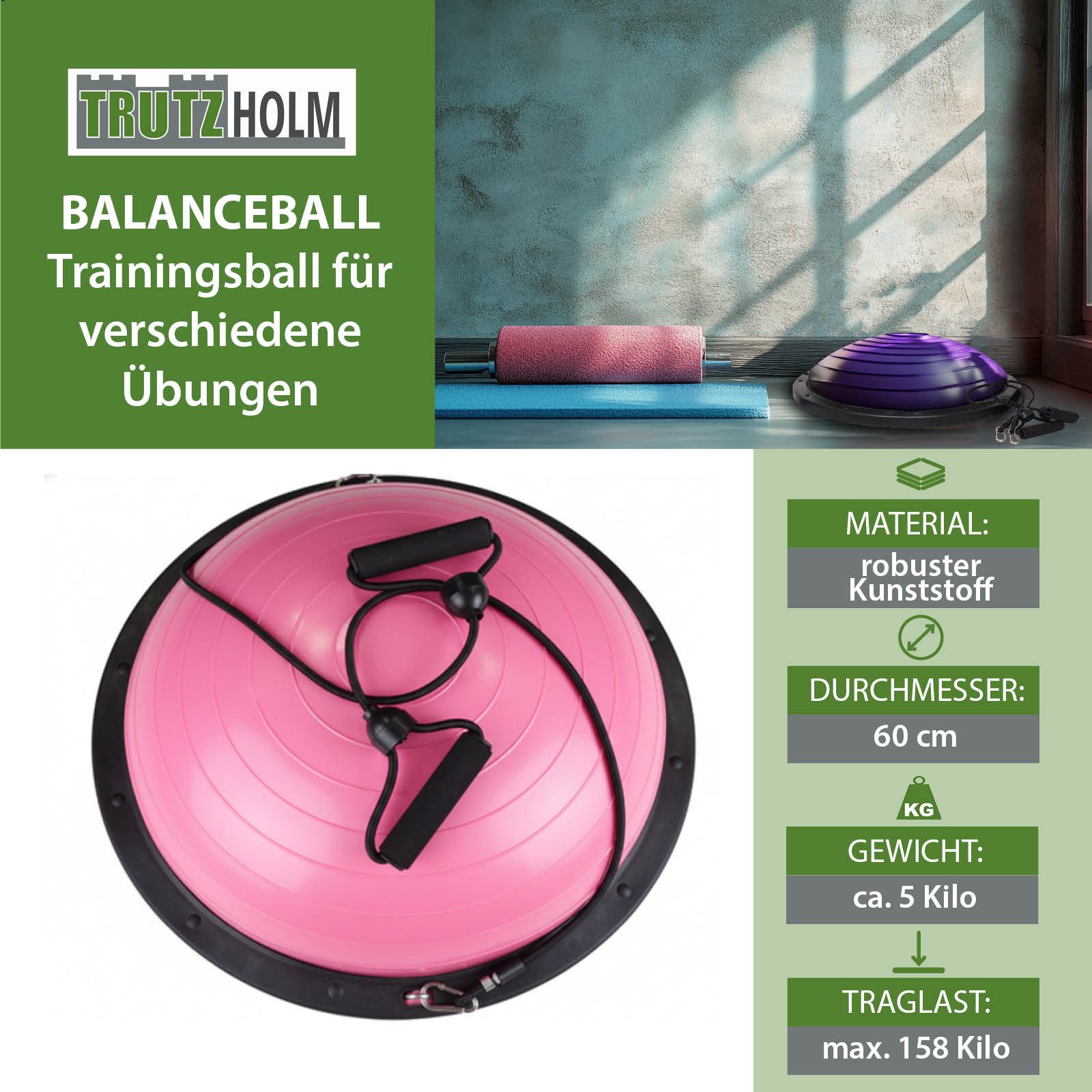 TRUTZHOLM Balanceboard Balancetrainer Yoga Gymnastik Balance Trainingsball Fitnessball ø 60cm, pink