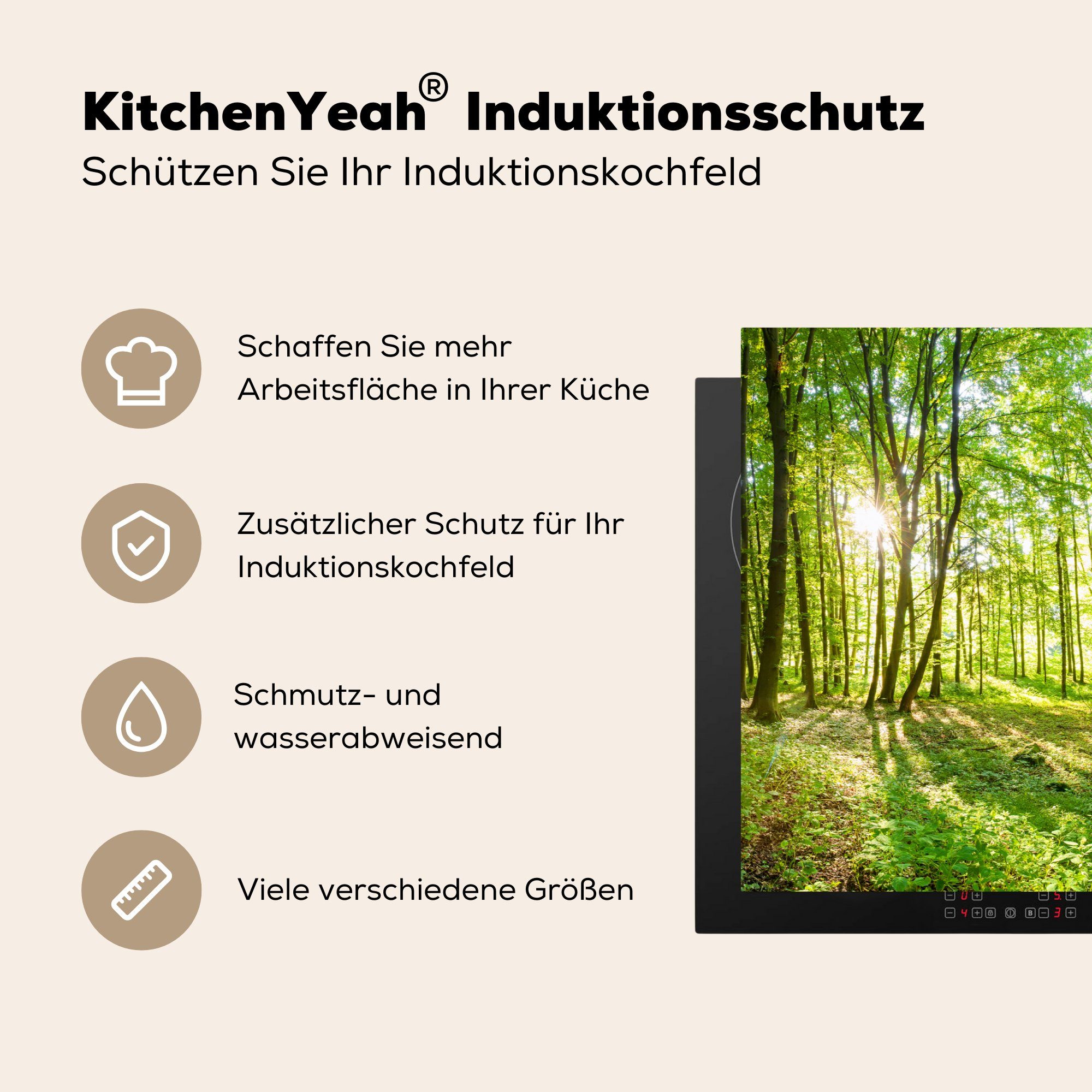 tlg), Wald für Grün cm, - Vinyl, - Arbeitsplatte - Herdblende-/Abdeckplatte 81x52 Bäume Ceranfeldabdeckung, MuchoWow Sonnenlicht, (1 küche Natur -