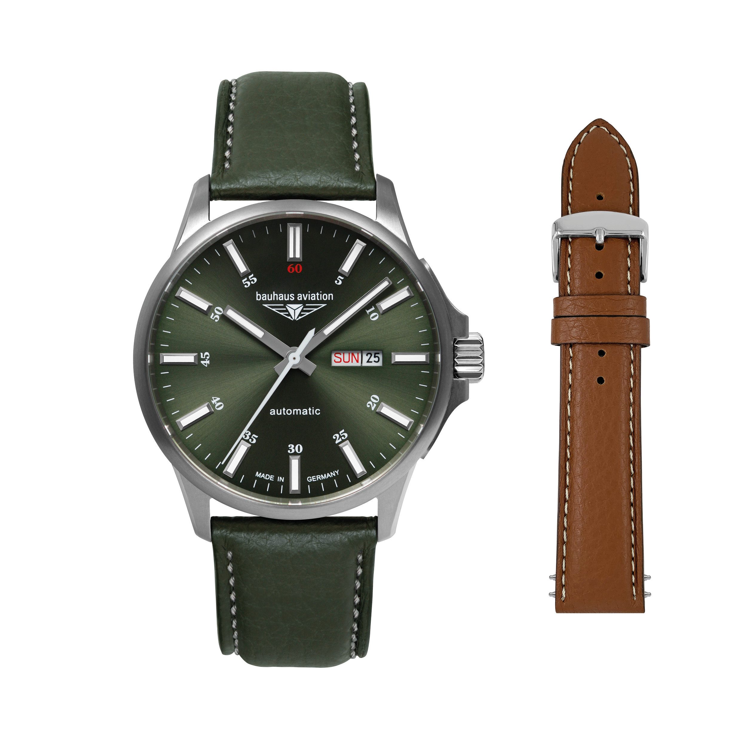 bauhaus Automatikuhr Bauhaus Aviation Titanium 2866-4_SET, (Set, 2-tlg., mit Wechselarmband), Armbanduhr, Herrenuhr, Made in Germany, Mechanische Uhr, Lederarmband