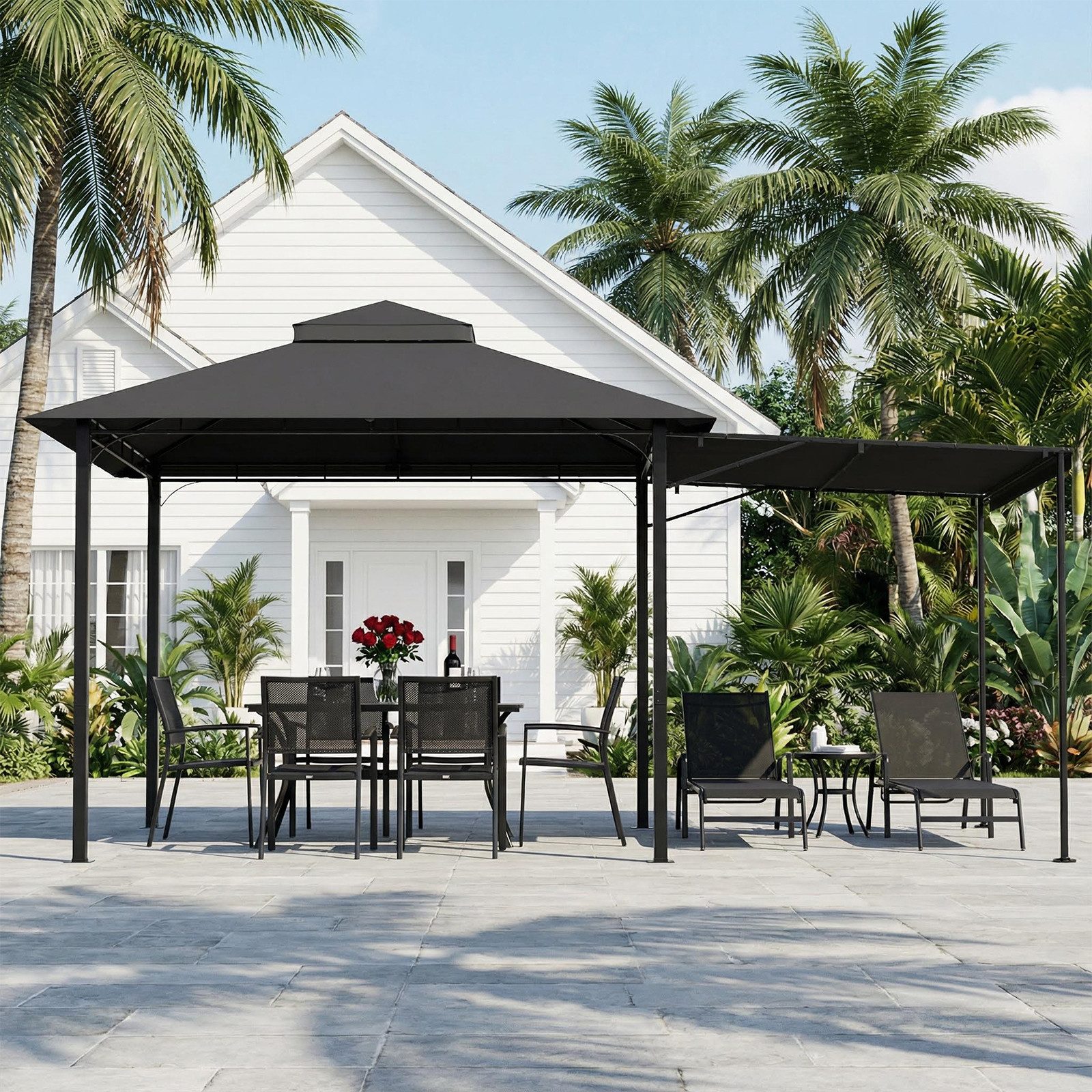 GUNJI Pavillon Doppellagiges Gartenpavillon mit 1,8m Ausziehbarer Seitenmarkise, flexibel verstellbare Schattenflächen für Garten Terrasse Grillabend