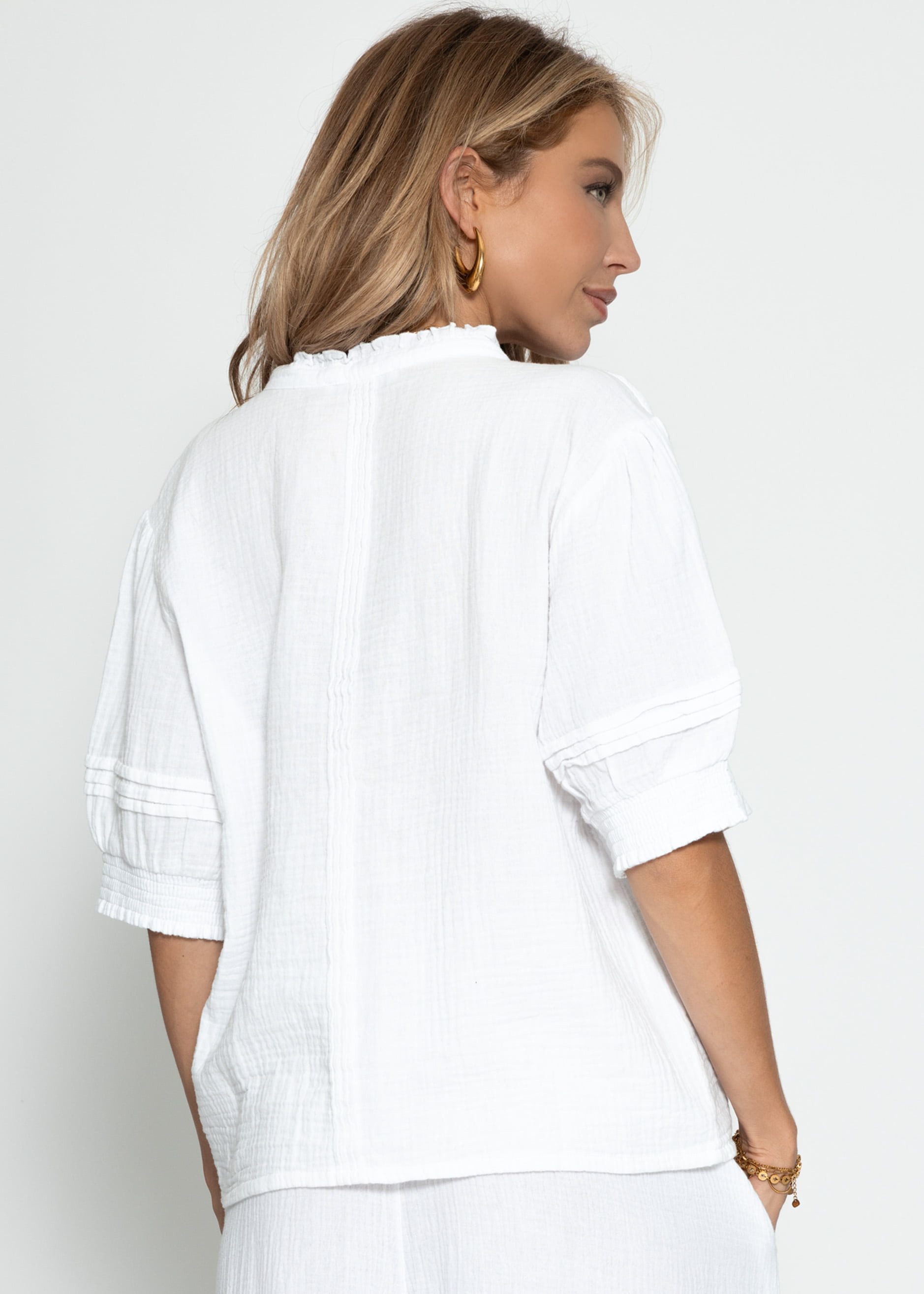 SASSYCLASSY Langarmbluse Kurzarmbluse für Damen aus Musselin Kurze Luftige Musselinbluse aus weicher Baumwolle Weiß Rosa Gelb Blau