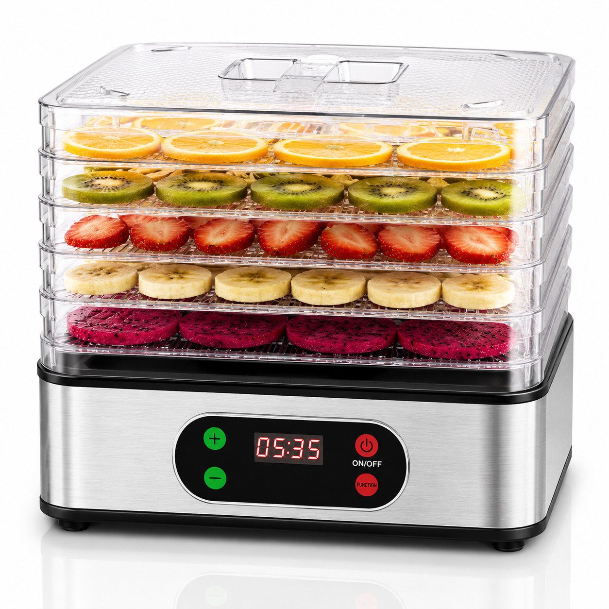 Fyrove Dörrautomat Dörrgerät Edelstahl mit Temperaturregler, 5 Etagen, 35-70°C BPA-frei 350 W, 5 Etagen, 72h-Timer, für Lebensmittel, …