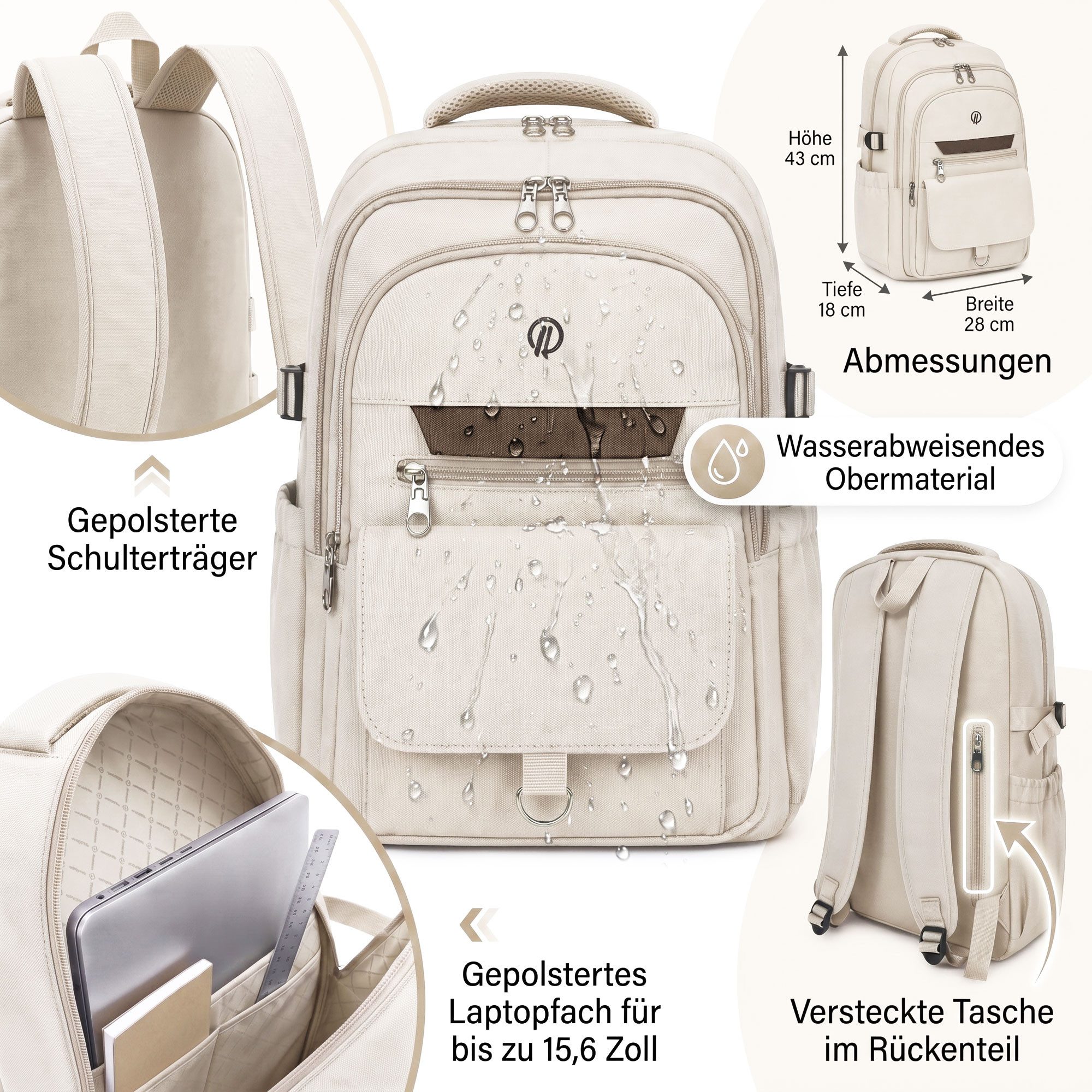 HELLSER Laptoprucksack Unisex Cityrucksack Laptop 15,6 Zoll – 25L Kompakt & Modern 43x28x18cm, für Schule, Uni, Alltag & als Handgepäck – versteckte Tasche hint – Bild 5 von 5