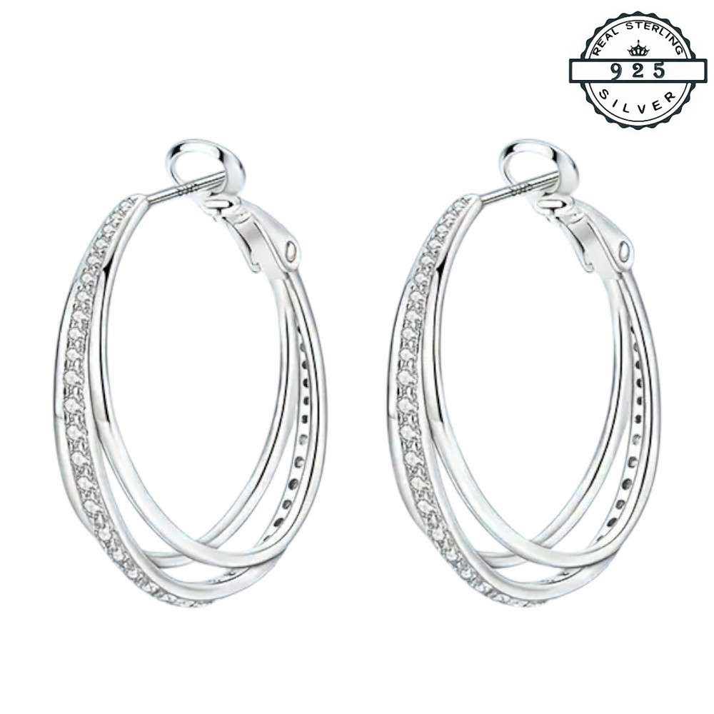 Paar Creolen Damen Ohrringe 925 Sterling Silber Creolen Kristalle Doppelschleife