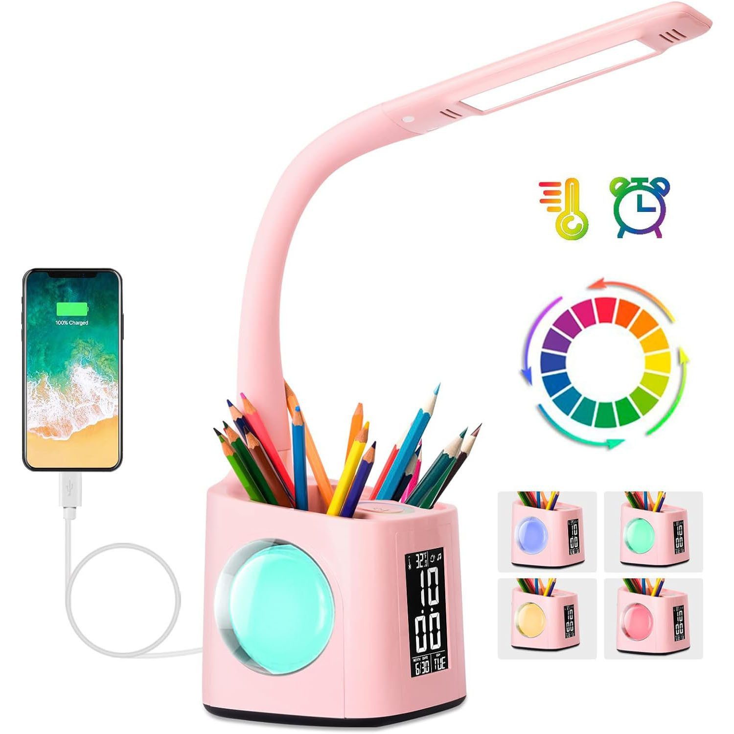 feinlux Schreibtischlampe Nachttischlampe Tischlampe Leuchte mit Akku Stifthalter, LED fest integriert, Warmlicht, mit LCD-Bildschirm, Uhr, Kalender, Wecker, Temperatur.
