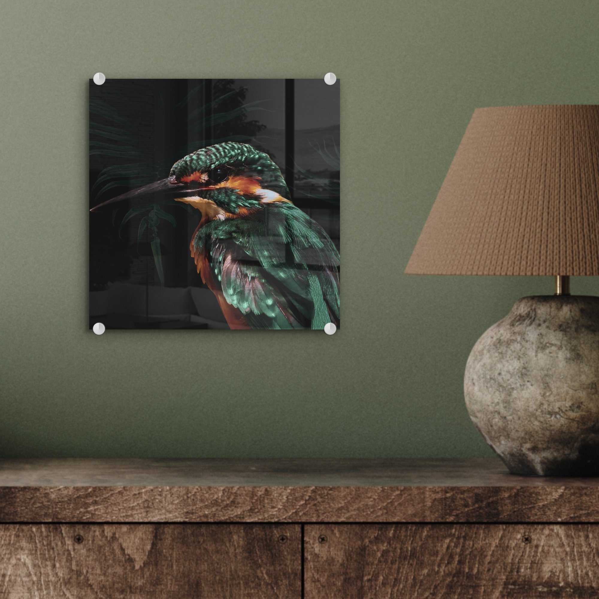 Bilder Foto auf Acrylglasbild St), - MuchoWow Glas - Vogel Eisvogel - - auf (1 Wanddekoration Glas Grün, Glasbilder - Wandbild