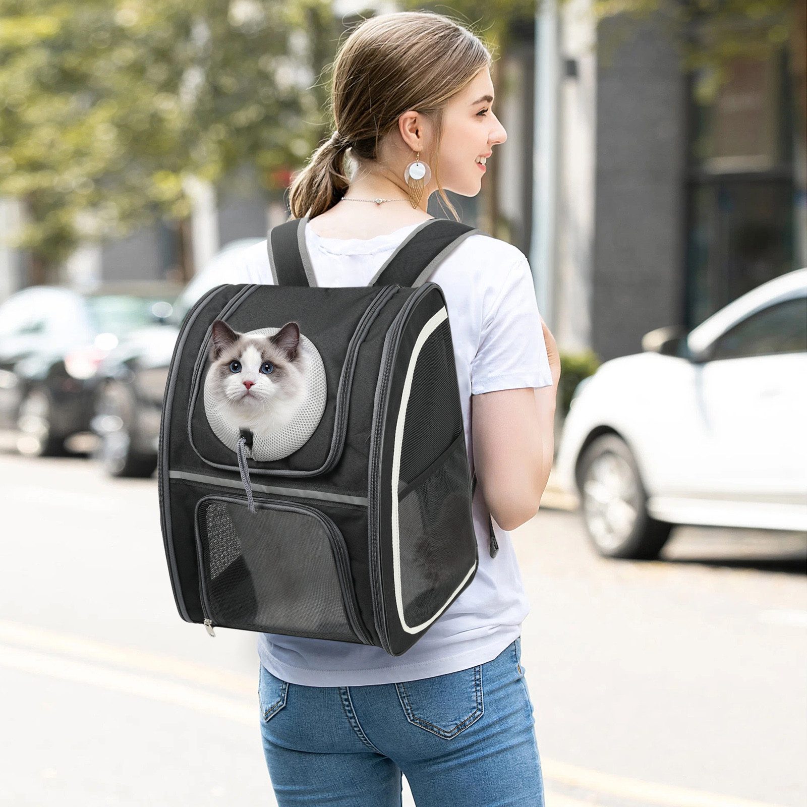 CALIYO Tiertransporttasche Haustier Rucksack mit Netzfenster, Hunde & Katzenrucksack Faltbar bis 8,00 kg, Wasserdichtes Oxford-Tuch mit Viel Platz