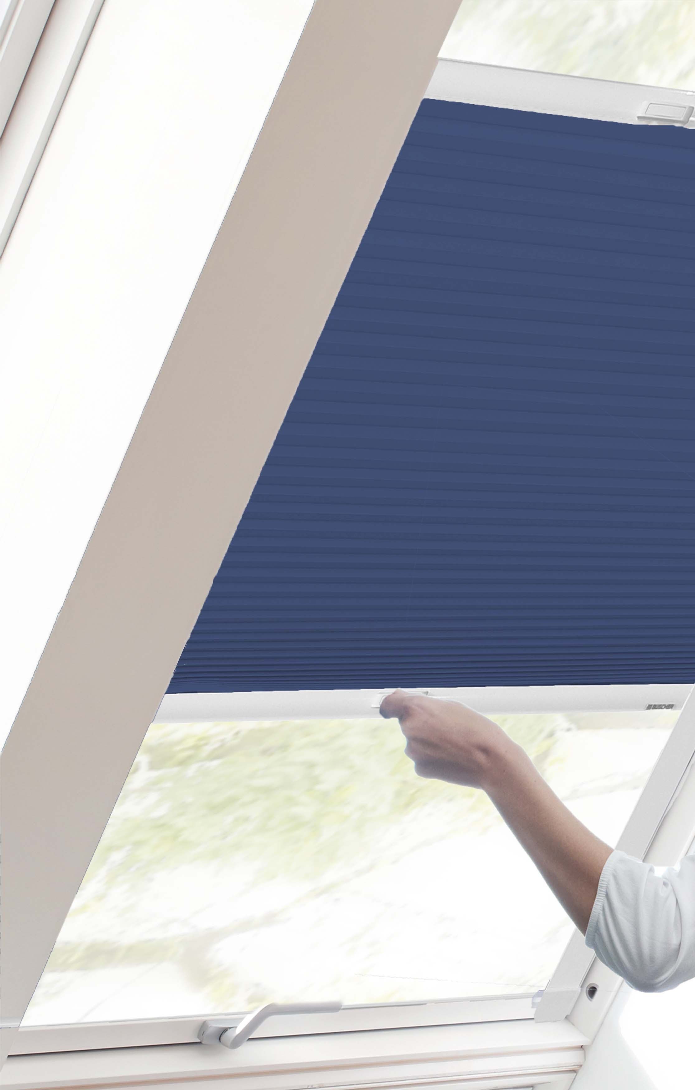 Dachfensterplissee StartUp Style Honeycomb VD, Führungsschienen abdunkelnd, sunlines, verschraubt, mit blau verspannt