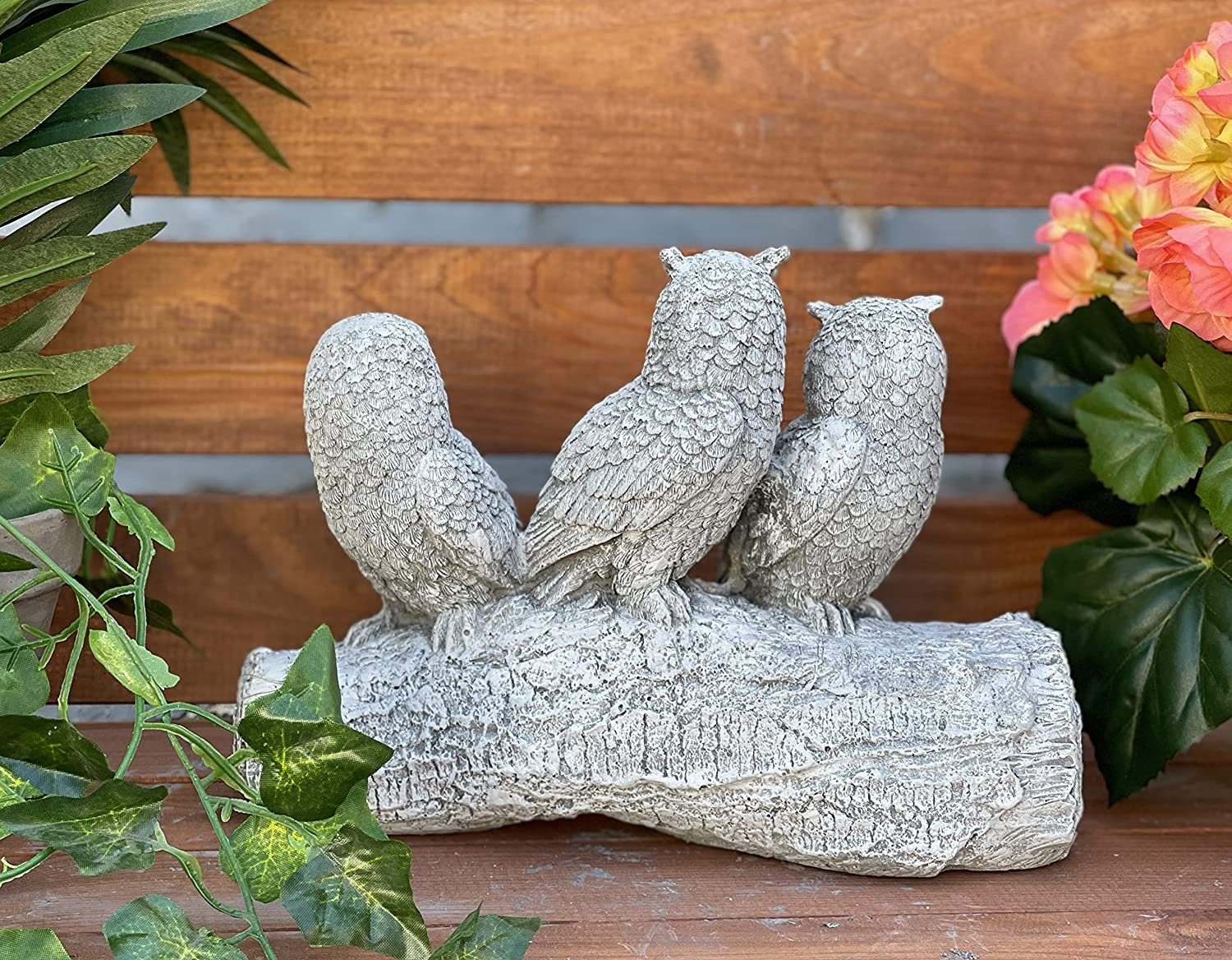 Stone and Style Gartenfigur Frostfeste Steinfigur 3 Eulen auf Baumstamm – Bild 5 von 5