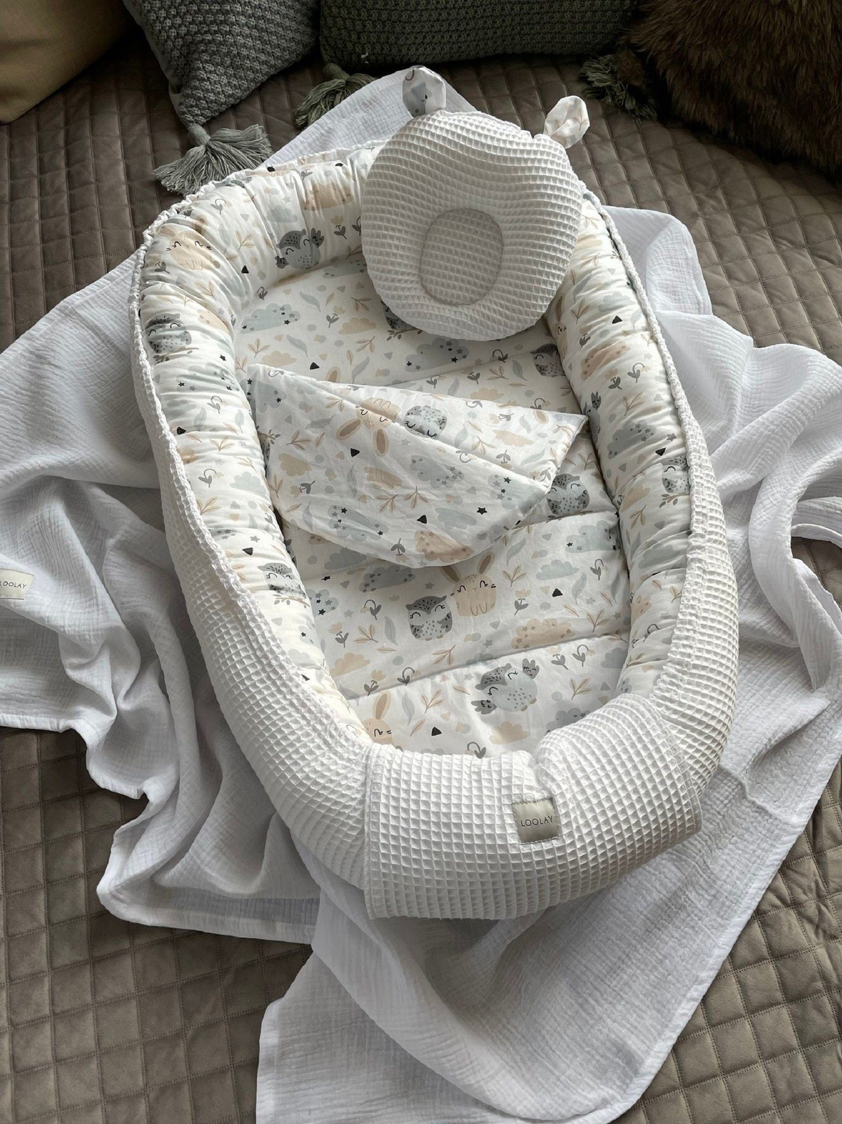 Bettnestchen Weiß WAFFELPIQUE/ HASE Beige Babynest Babyaustattung Neugeborene SETS