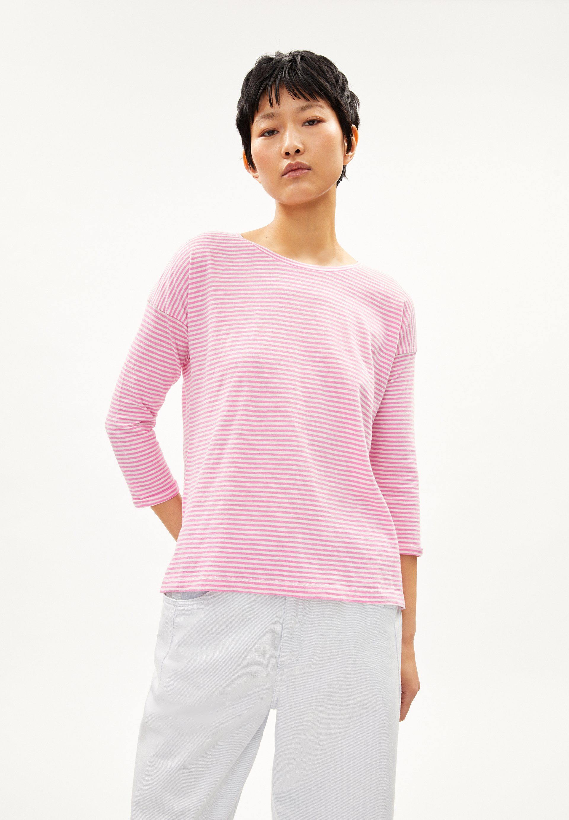 LOVELY STRIPES Damen Keine Armedangels SIANAA pink-oatmilk Longsleeve Details raspberry (1-tlg)