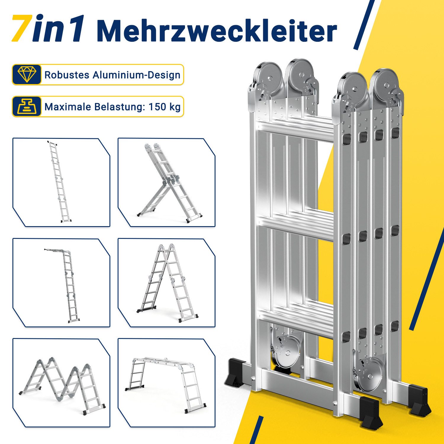 Clanmacy Teleskopleiter Aluminium-Gelenkleiter 4x3 Stufen, klappbare Mehrzweckleiter – Bild 3 von 5