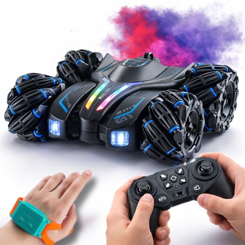 Goldstern-Tech RC-Auto (Steuerung per Fernbedienung & Handgesten, Soundeffekte für ein immersives Spielerlebnis), 360° Stunt Car mit Drift, Rauch & LED-Licht