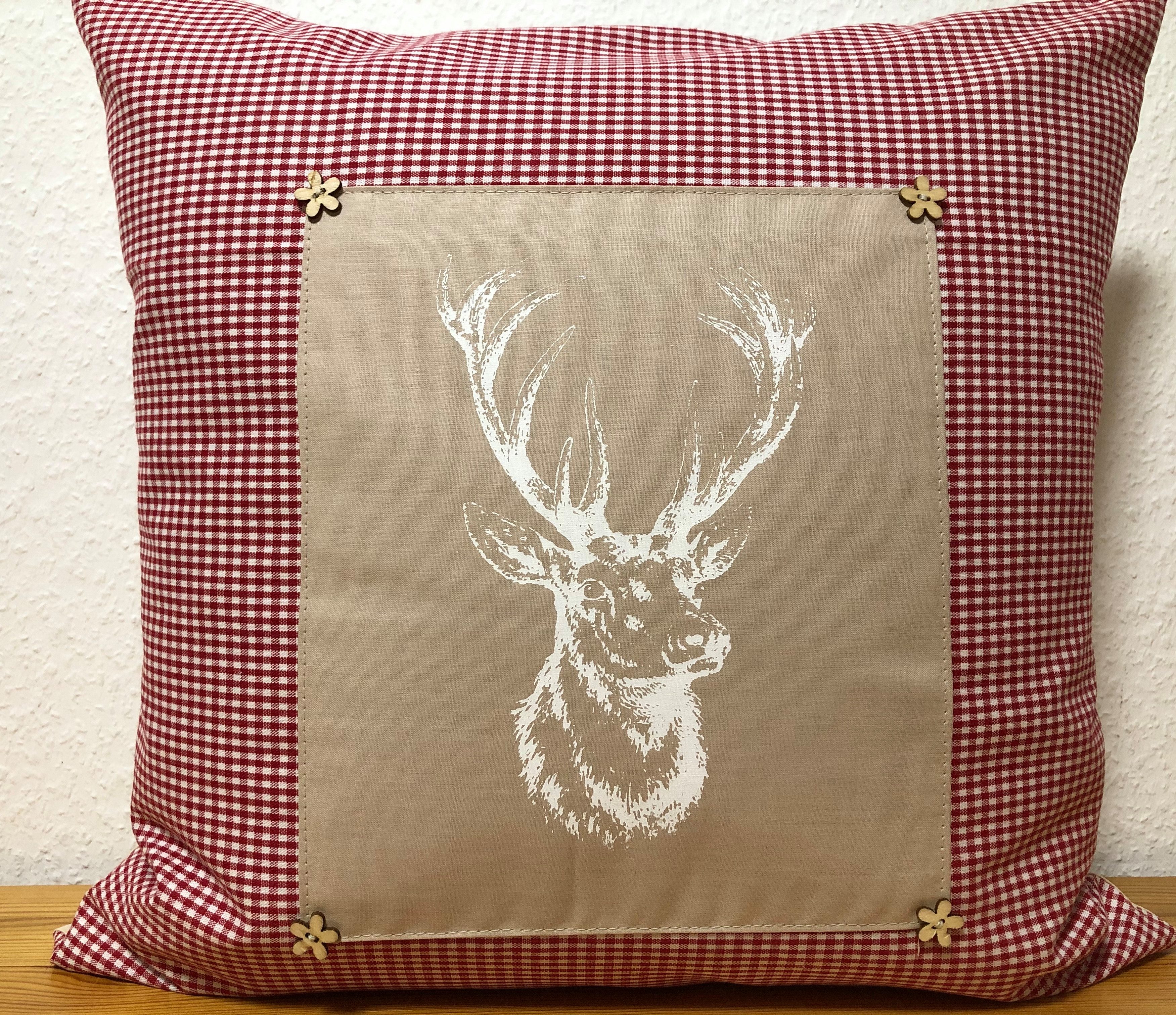 Ammerkind Dekokissen Landhausstil Kissenhülle *Hirsch* rot/beige kariert, 100% Handarbeit
