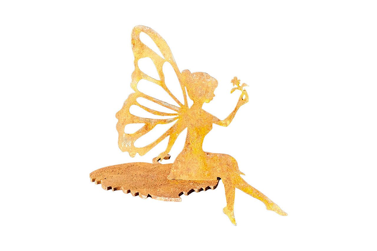 Gartenfigur Kantenhocker Fee auf dem Blatt Sitzenbleiber Gartendeko Metall Rost
