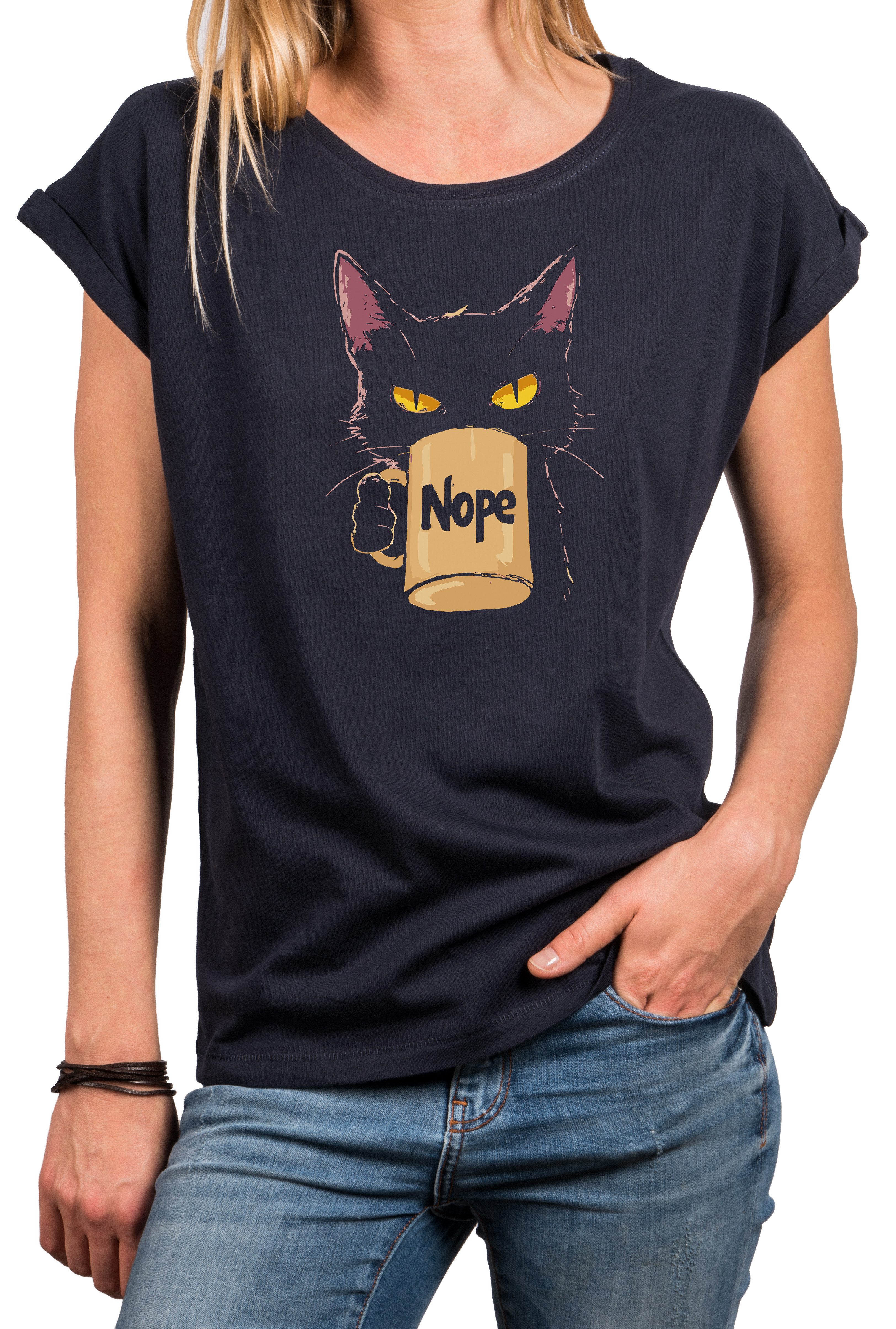 MAKAYA T-Shirt Lustiges Damen T-Shirt mit Katze und Kaffeetasse, Nope Spruch (Schwarz, Blau, Dunkelgrau, 34, 36, 38, 40, 42, 44, 46, 48, 50) Baumwolle